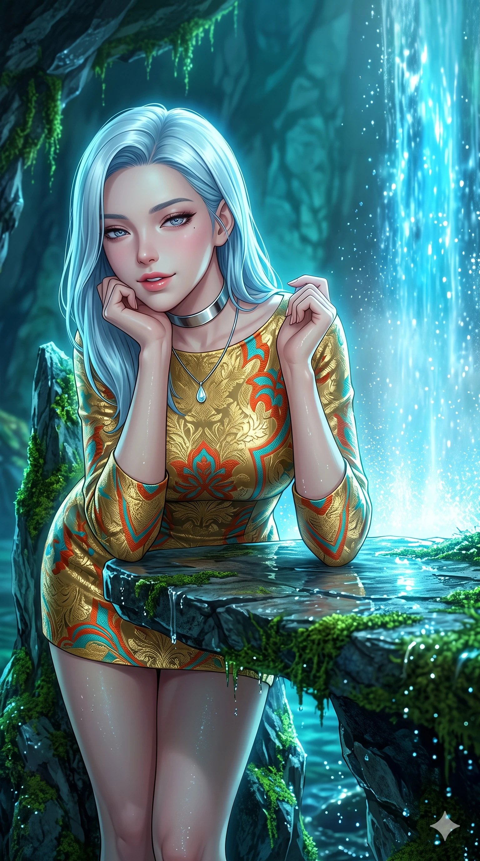 score_9, masterpiece, best quality, ultra-detailed, high-budget anime keyframe, semi-realistic 3D game render, editorial fashion photography, tasteful artistic composition, Korean woman. close-up cowboy shot from the waist and thighs up, the character dominates the composition, filling the frame with her large presence. resting one elbow on the table and supporting her chin, leaning close to the camera with heavy-lidded sparkling eyes and parted lips while leaning against the moss-covered rock needle with hips cocked back, watching glowing azure water cascades splash into luminous mist with heavy-lidded bedroom-eyes. The surrounding environment is rendered in vivid detail and crisp panoramic clarity: sharp wet slate rock textures, glowing moss filaments, and individual falling water droplet speculars in deep focus. She has an exceptionally elegant, slender, and willowy female figure with an ultra-slim waist, flat toned midriff, narrow ribcage, and sculpted feminine hips creating an alluring, slim hourglass silhouette without bulk. sharp v-shaped jawline, high-bridge nose, intricate jewel-like sparkling eyes with depth, thick eyelashes, glossy parted lips with a natural peach sheen, bright cheerful beaming smile with an enchanting and coquettish sensual glint, exuding both youthful cute charm and seductive allure, flawlessly proportioned anatomical accuracy, strict slender model proportions, natural body alignment, perfectly sculpted long slender limbs, ultra-slim waistline, clean dynamic posture without body distortion. wearing an aristocratic gold-leaf jacquard brocade shift dress with high boat neckline and bracelet sleeves in cyber-shinto vermilion and laser turquoise, tailored from high-density tech-wool with subtle metallic thread weave, finished with a minimalist chrome choker and a single teardrop diamond pendant, the impeccably tailored cut draping gracefully along her slender figure with aristocratic poise. bathed in vivid electric-blue waterfall luminescence mixed with soft ambient cavern turquoise. highly saturated vibrant anime colors, detailed shading with soft gradients, rich glossy textures, high-contrast stereoscopic depth, volumetric dynamic lighting, master piece, 9:16 ratio