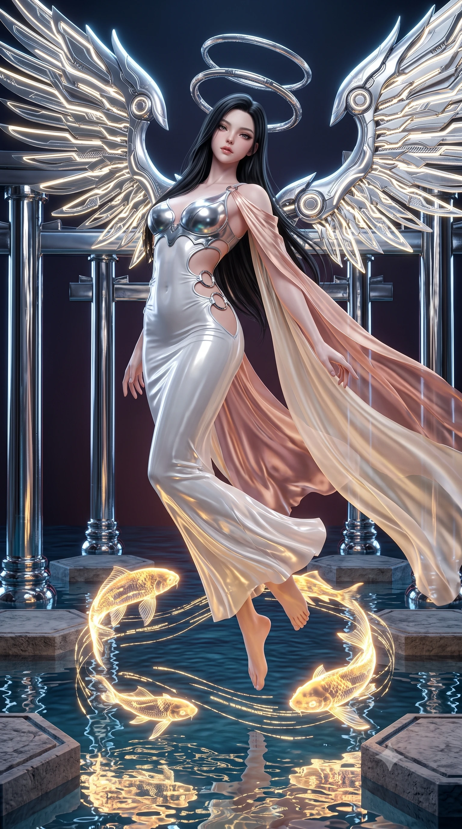 score_9, masterpiece, best quality, ultra-detailed, high-budget anime keyframe, semi-realistic 3D game render, editorial fashion photography, tasteful artistic composition, Korean woman. low angle full-body shot from head to toe showing her feet, filling the entire 9:16 vertical frame with her statuesque presence, stretching her vertical silhouette. arching her back gracefully in mid-air as glowing mechanical wings and floating cybernetic halos frame her statuesque presence while stepping along the water matrix as swimming golden holographic koi illuminate her sculpted silhouette from below. The surrounding environment is rendered in vivid detail and crisp panoramic clarity. intricate chrome torii pillar reflections, holographic koi fin filaments, and hexagonal stone textures in deep focus. She has an absolutely perfect, statuesque 8.5-heads proportion, an exceptionally tall and slender model-like female figure with impossibly long slender legs, a toned flat midriff, and an ultra-slim waist. sharp v-shaped jawline, high-bridge nose, intricate jewel-like eyes with depth, thick eyelashes, glossy lips with a natural sheen, flawlessly proportioned anatomical accuracy, strict slender model proportions, natural body alignment, perfectly sculpted long slender limbs, ultra-slim waistline, clean dynamic posture without body distortion. wearing a form-contouring white liquid-mercury gown with polished silver biomechanical breastplate and flowing luminescent chiffon cape in sculpted rose gold and luminescent champagne ivory, formed from high-gloss patent material with specular chiaroscuro reflections, detailed with polished silver rings connecting the daring side-waist cutouts, the glove-like aerodynamic second-skin fit tightly clinging to her ultra-slender waist and athletic curves without adding bulk, accentuating her razor-sharp statuesque lines and slim hourglass silhouette. surrounded by an ethereal, timeless, and captivatingly graceful oriental cyber-goddess aura. rich saturated anime colors with glowing neon highlights, detailed shading with soft gradients, rich glossy textures, high-contrast stereoscopic depth, volumetric dynamic lighting, master piece, 9:16 ratio