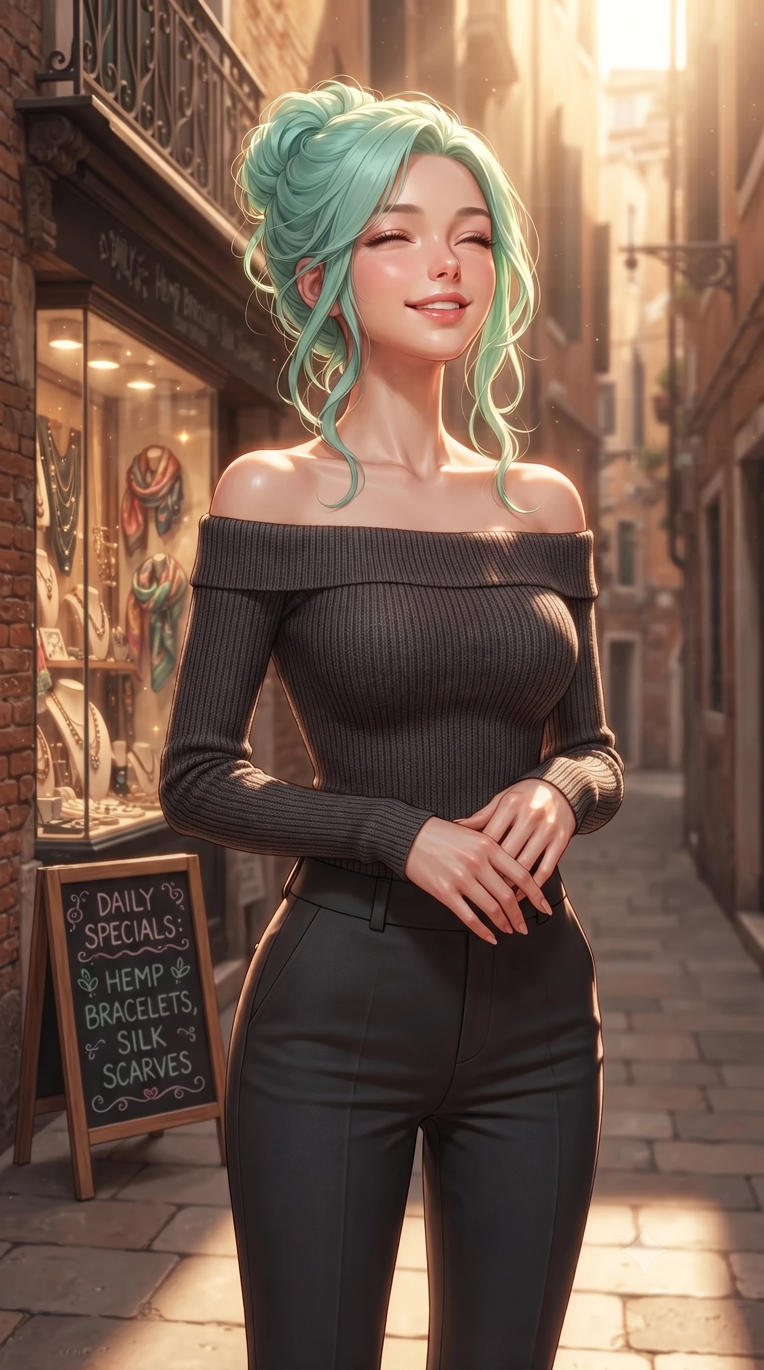 score_9, masterpiece, best quality, ultra-detailed, high-budget anime keyframe, editorial fashion photography, tasteful artistic composition, Japanese woman. close-up cowboy shot from the waist and thighs up, the character dominates the composition, filling the frame with her large presence, background elements kept in soft focus. smiling happily with closed eyes, enjoying the warm sunbeams on her face set against a soft-focus background of in front of a small handmade accessory boutique with glass showcases with a small chalkboard sign showing daily specials written in cute lettering. She has an exceptionally elegant, slender, and willowy female figure with an ultra-slim waist, a gracefully sculpted slender torso, and a refined silhouette. sharp v-shaped jawline, high-bridge nose, intricate jewel-like eyes with depth, thick eyelashes, glossy lips with a natural sheen. wearing slim-fit body-hugging off-shoulder knit top in charcoal, paired with tailored slim pants. warm afternoon sunlight filtering down between the narrow alley buildings. ultra-reflective glossy finish, specular highlights, metallic sheen, high-contrast stereoscopic depth, volumetric dynamic lighting, 2k, ultra detail, master piece, 9:16 ratio