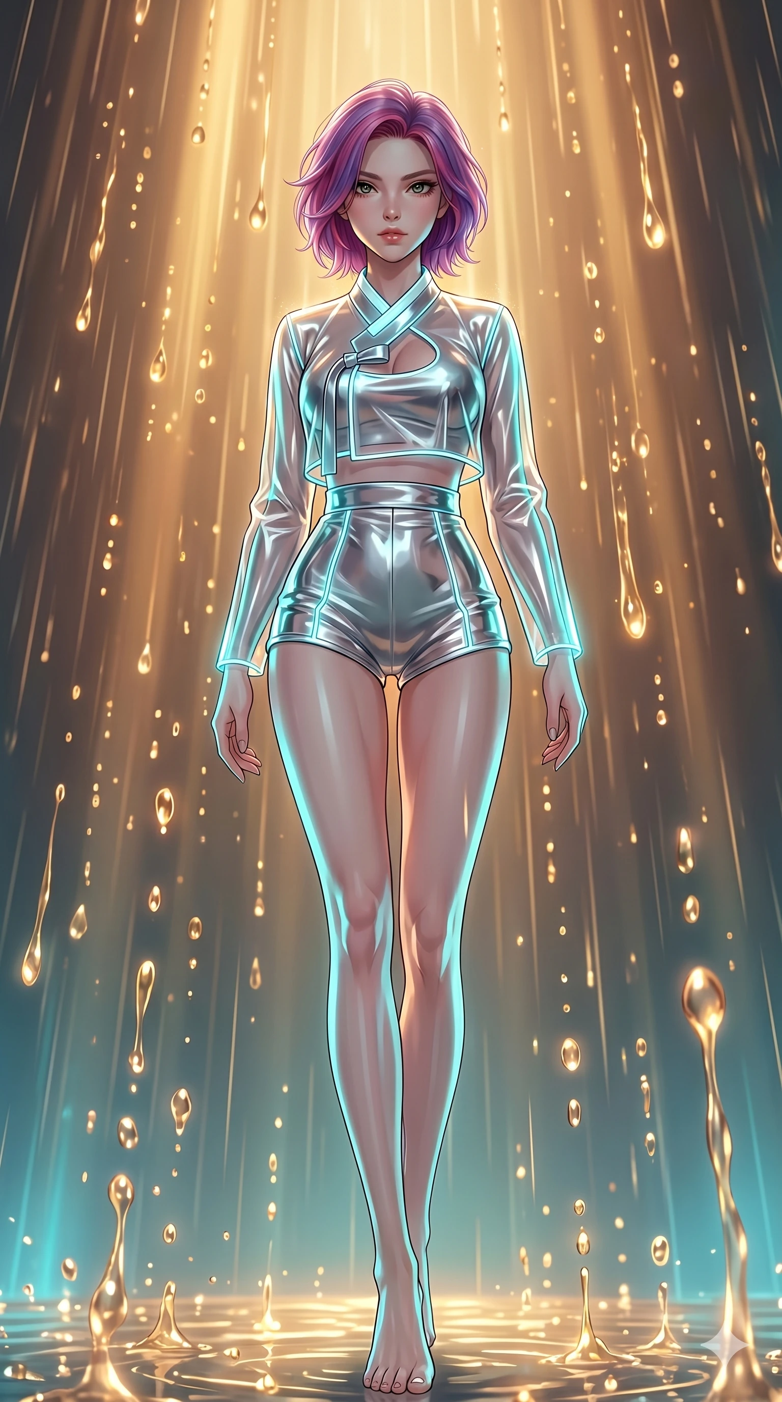 score_9, masterpiece, best quality, ultra-detailed, high-budget anime keyframe, Japanese woman. low angle full-body shot filling the entire 9:16 frame with her statuesque presence, stretching the vertical silhouette. dodging ethereal liquid gold rain that rises upward from the ground in warm shimmering droplets under an inverted gravity field. She has an absolutely perfect 8-heads proportion, an exceptionally tall and slender female figure with impossibly long slender legs and an ultra-slim waist. V-shaped jawline, high-bridge nose, intricate jewel-like eyes with depth, thick eyelashes, glossy lips with a natural sheen.. wearing a vinyl liquid mercury fusion hanbok, featuring a translucent chrome-silver vinyl jeogori and high-waist micro-shorts, detailed with glowing neon wire trims and a tasteful chest slit. showcasing a beautiful play of light and shadow, with warm golden rays clashing against cool cyan highlights. 2k, ultra detail, master piece, 9:16 ratio