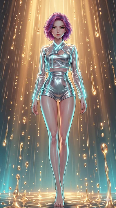 score_9, masterpiece, best quality, ultra-detailed, high-budget anime keyframe, Japanese woman. low angle full-body shot filling the entire 9:16 frame with her statuesque presence, stretching the vertical silhouette. dodging ethereal liquid gold rain