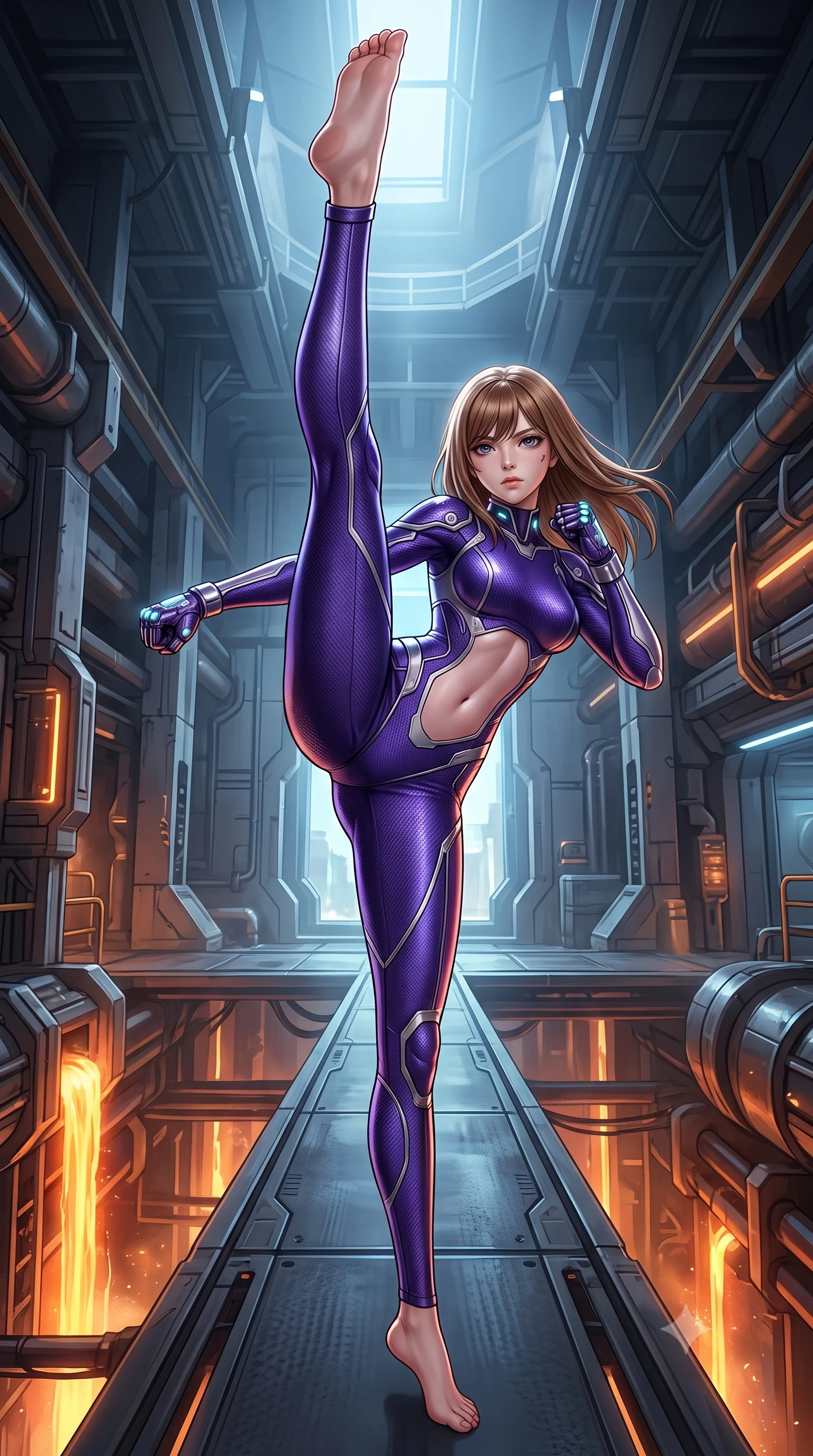 score_9, masterpiece, best quality, ultra-detailed, high-budget anime keyframe, semi-realistic 3D game render, editorial fashion photography, tasteful artistic composition, Korean woman. low angle full-body shot from head to toe showing her feet, filling the entire 9:16 vertical frame with her statuesque presence, stretching her vertical silhouette. executing a breathtaking zero-gravity high-kick with full 180-degree vertical extension, her impossibly long slender legs dominating the frame with razor-sharp poise while striding commanding across the narrow catwalk with arms held in loose, deadly martial readiness. The surrounding environment is rendered in vivid detail and crisp panoramic clarity. intense geothermal chiaroscuro and raw high-tech industrial architecture rendered with precision. She has an absolutely perfect, statuesque 8.5-heads proportion, an exceptionally tall and slender model-like female figure with impossibly long slender legs, a toned flat midriff, and an ultra-slim waist. sharp v-shaped jawline, high-bridge nose, intricate jewel-like eyes with depth, thick eyelashes, glossy lips with a natural sheen, flawlessly proportioned anatomical accuracy, strict slender model proportions, natural body alignment, perfectly sculpted long slender limbs, ultra-slim waistline, clean dynamic posture without body distortion. wearing a precision-fitted royal purple carbon-fiber martial arts suit with silver accents and glowing micro-circuit knuckle plating in arctic white carbon composite with radiant solar gold plating, tailored from flexible second-skin carbon-mesh that clings flawlessly to her athletic curves, featuring a sleek aerodynamic collar framed by subtle glowing cybernetic status LEDs, the form-contouring material adhering flawlessly to her sculpted flat midriff and slender torso, emphasizing her long leg lines and perfectly proportioned willowy build. illuminated by crisp specular highlights tracing her ultra-slim waist, long legs, and flat midriff. rich saturated anime colors with glowing neon highlights, detailed shading with soft gradients, rich glossy textures, high-contrast stereoscopic depth, volumetric dynamic lighting, master piece, 9:16 ratio