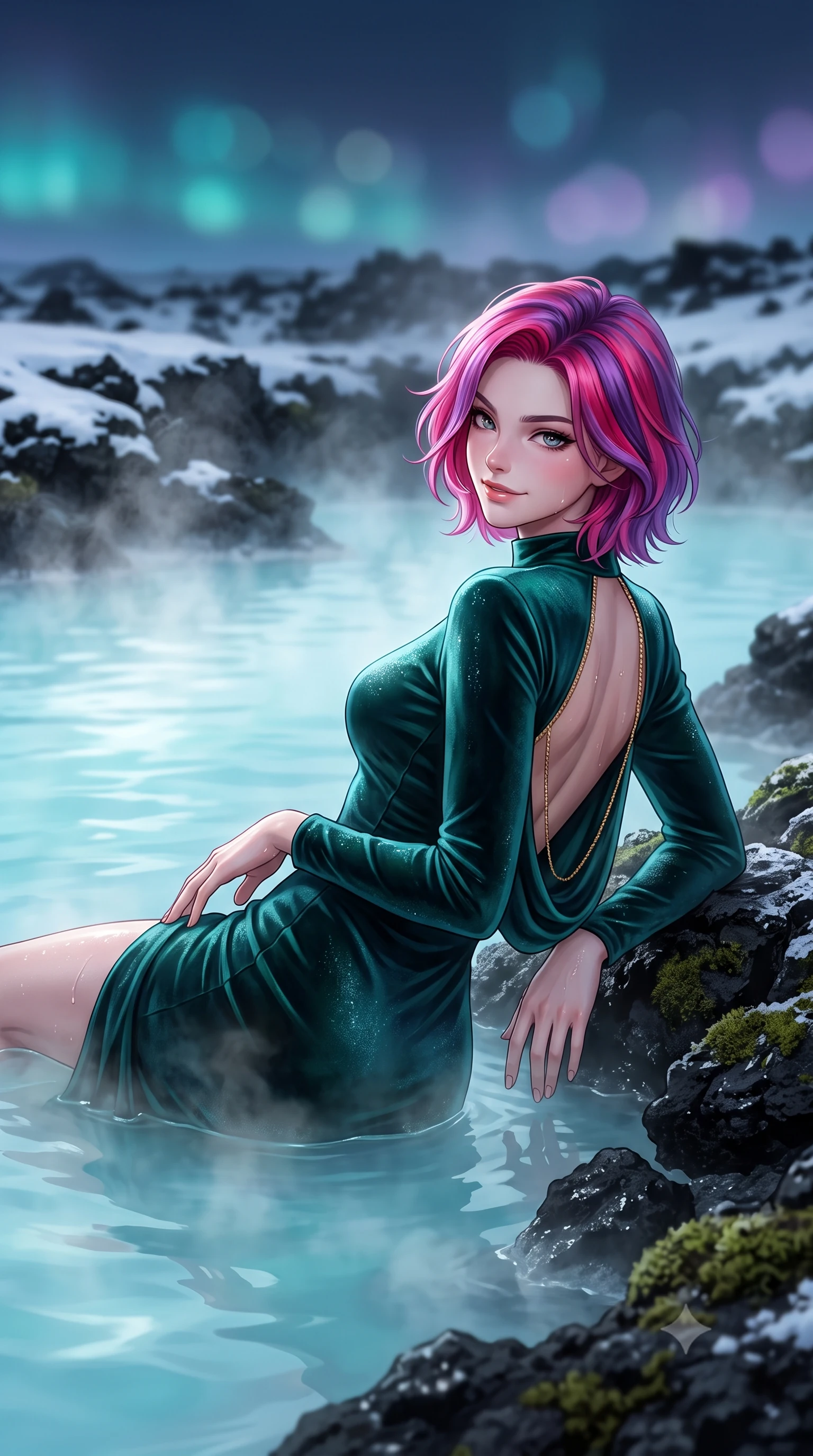 score_9, masterpiece, best quality, ultra-detailed, high-budget anime keyframe, editorial fashion photography, tasteful artistic composition, Caucasian woman. close-up cowboy shot from the waist and thighs up, the character dominates the composition, filling the frame with her large presence. tilting her head with a teasing half-smile, running one hand slowly down the side of her hip in a flirtatious S-curve as ambient light caresses her silhouette while lounging in the warm geothermal water propped on the mossy lava rim with legs extended, her statuesque 8.5-heads silhouette commanding the sanctuary. The background shows a soft-focus steaming milky-cyan geothermal lagoon waters, snow-dusted black lava fields, and midnight twilight skies blurred into turquoise, obsidian, and pastel lilac bokeh. She has an exceptionally elegant, slender, and willowy female figure with an ultra-slim waist, flat toned midriff, narrow ribcage, and sculpted feminine hips creating an alluring, slim hourglass silhouette without bulk. sharp v-shaped jawline, high-bridge nose, intricate jewel-like sparkling eyes with depth, thick eyelashes, glossy parted lips with a natural peach sheen, bright cheerful beaming smile with an enchanting and coquettish sensual glint, exuding both youthful cute charm and seductive allure, flawlessly proportioned anatomical accuracy, strict slender model proportions, natural body alignment, perfectly sculpted long slender limbs, ultra-slim waistline, clean dynamic posture without body distortion. wearing a tailored velvet bodycon cocktail dress with long fitted sleeves and mock neck in Arctic aurora borealis emerald and starlight diamond, tailored from ultra-plush silk velvet with rich tactile depth and deep shadow gradients, accented with an open-back drape framed by falling strands of delicate gold chains, the glove-like clinging cut tightly following the natural contour of her hips and long slender legs with youthful 8.5-heads elegance. bathed in underwater pool turquoise-cyan LEDs combined with soft warm 2700K interior cove lighting through glass. ultra-reflective glossy finish, specular highlights, rich textural contrasts, high-contrast stereoscopic depth, volumetric dynamic lighting, 2k, ultra detail, master piece, 9:16 ratio