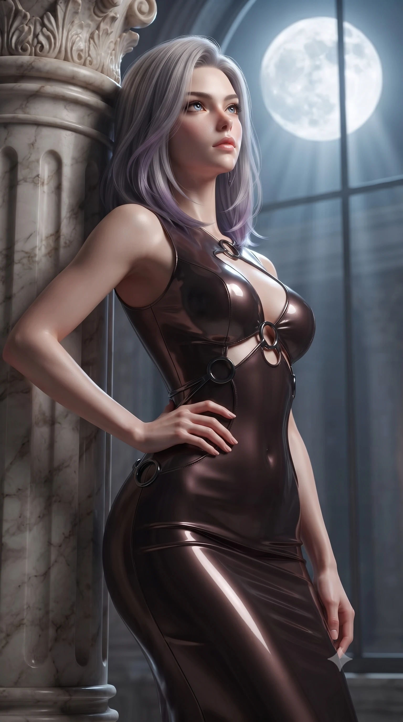 score_9, masterpiece, best quality, ultra-detailed, high-budget anime keyframe, editorial fashion photography, tasteful artistic composition, Caucasian woman. close-up cowboy shot from the waist and thighs up, the character dominates the composition, filling the frame with her large presence, background elements kept in soft focus. Holding a confident power pose with one hand on her hip, resting against a carved marble column looking up at a full moon through glass, divine celestial beauty with intense sensual presence. She has an exceptionally elegant, slender, and willowy female figure with an ultra-slim waist, a gracefully sculpted slender torso, and a refined silhouette. sharp v-shaped jawline, high-bridge nose, intricate jewel-like eyes with depth, thick eyelashes, glossy lips with a natural sheen. wearing aerodynamic second-skin dark silver metallic bodycon dress in dark mahogany, made of high-gloss liquid vinyl, trimmed with dark chrome ring hardware along the waist contours, accentuating her gracefully sculpted slender torso. lit by clear moonbeam key rays casting soft graceful shadows. ultra-reflective glossy finish, specular highlights, metallic sheen, high-contrast stereoscopic depth, volumetric dynamic lighting, 2k, ultra detail, master piece, 9:16 ratio