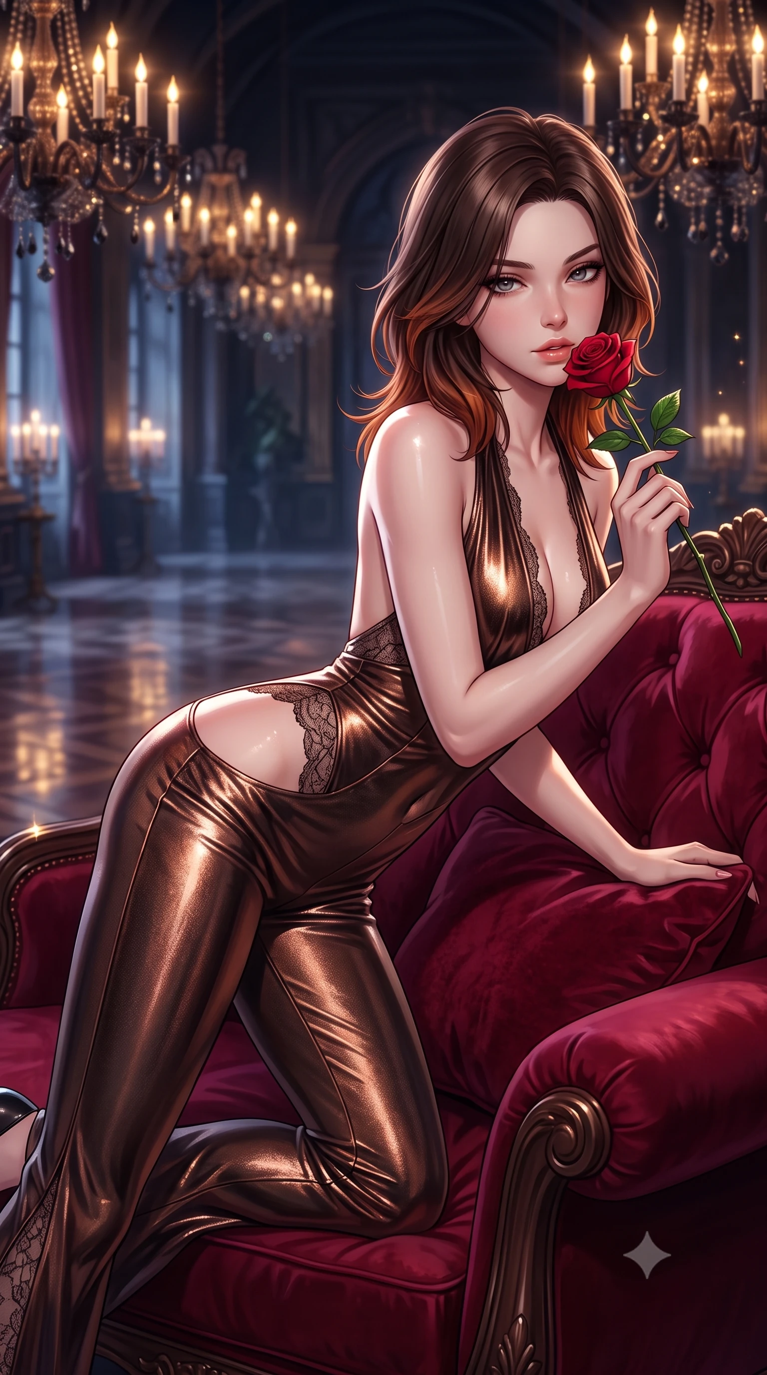 score_9, masterpiece, best quality, ultra-detailed, high-budget anime keyframe, semi-realistic 3D game render, editorial fashion photography, tasteful artistic composition, Korean woman. close-up cowboy shot from the waist and thighs up, the character dominates the composition, filling the frame with her large presence. leaning forward while arching her lower back to accentuate her curvy hips, looking into the camera with an intoxicating smoldering gaze and bedroom-eyes while lounging across an ornate velvet-upholstered chaise lounge, her long slender legs and hourglass silhouette commanding the nocturnal hall. The background shows a soft-focus polished ballroom floor reflections softened in opulent gothic shallow focus. She has an exceptionally elegant, slender, and willowy female figure with an ultra-slim waist, flat toned midriff, narrow ribcage, and sculpted feminine hips creating an alluring, slim hourglass silhouette without bulk. sharp v-shaped jawline, high-bridge nose, sparkling eyes with hypnotic seductive depth, thick curled eyelashes, glossy parted lips with a natural dewy peach sheen, alluring bedroom-eyes with an enchanting coquettish smile, exuding magnetic siren charisma and sophisticated glamour, flawlessly proportioned anatomical accuracy, strict slender model proportions, natural body alignment, perfectly sculpted long slender limbs, ultra-slim waistline, clean dynamic posture without body distortion. wearing a liquid metallic lamé plunge halterneck jumpsuit clinging like a second skin with high-cut side hip cutouts in sultry espresso bronze and metallic copper with velvet sheen, made of delicate semi-sheer French Chantilly lace with intricate eyelash edges, accented with a single fresh-cut long-stemmed crimson rose held delicately near her parted lips, the second-skin tailored fabric adhering flawlessly to her sculpted flat midriff and slender torso, emphasizing her long leg lines and perfectly proportioned willowy build. bathed in the glittering amber-and-gold brilliance of black-crystal chandelier candle bulbs. highly saturated vibrant anime colors, detailed shading with soft gradients, rich glossy textures, high-contrast stereoscopic depth, volumetric dynamic lighting, master piece, 9:16 ratio
