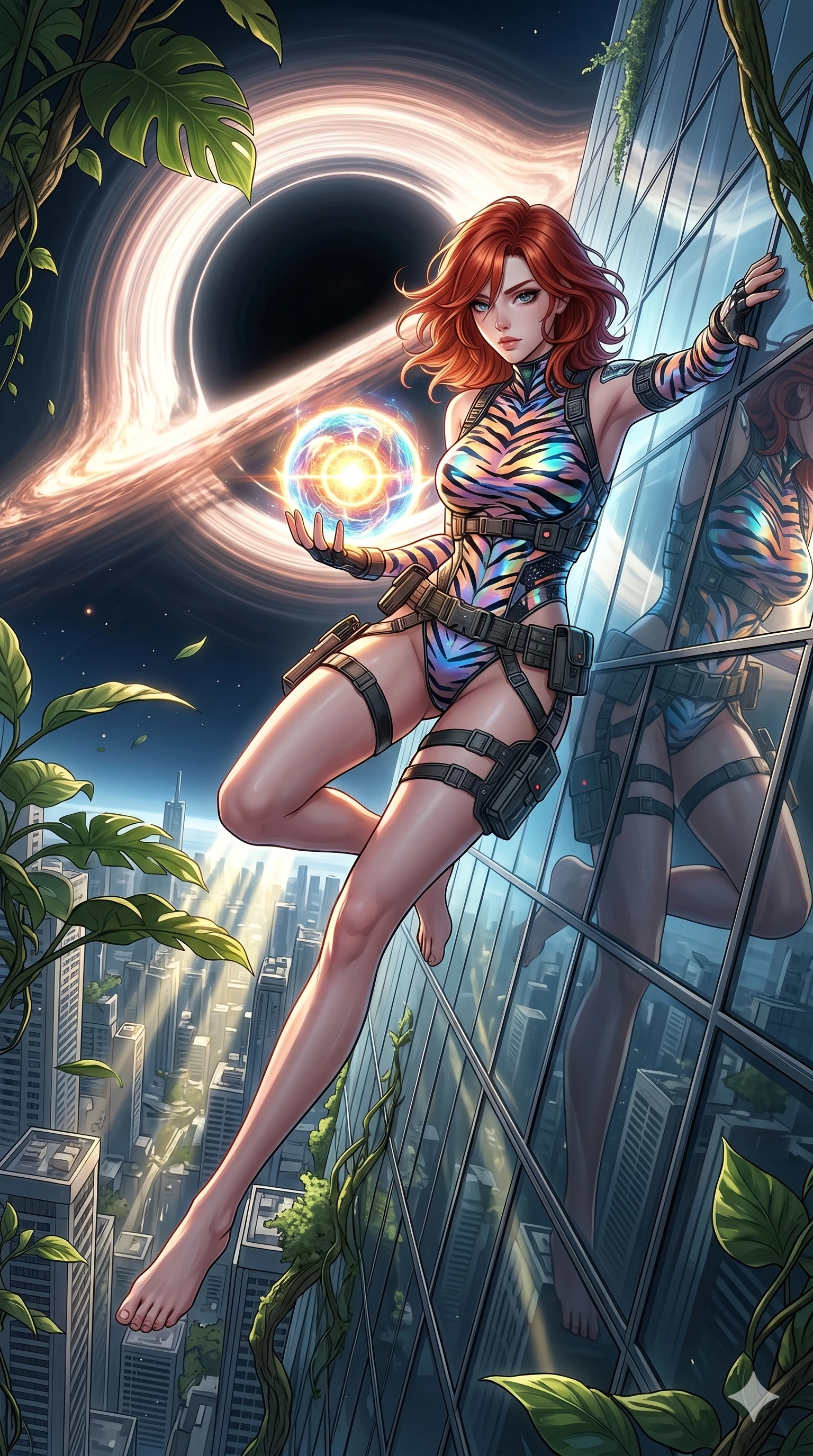 score_9, masterpiece, best quality, ultra-detailed, Set A: High-budget Anime Keyframe, Japanese woman. Low angle cowboy shot filling the entire 9:16 frame with her statuesque presence. Theme: Historical Remix. sliding down a glass skyscraper in the edge of a black hole, holding a glowing core that hums with the power of 22 suns. The atmosphere is filled with cinematic sunlight through leaves. She has an absolutely perfect 8-heads proportion, an exceptionally tall and slender female figure with impossibly long slender legs and an ultra-slim waist. Sharp v-shaped jawline, high-bridge nose, intricate jewel-like eyes with depth, glossy lips. Wearing Holographic tiger-stripe bodysuit with a high-cut leg line and tactical belts. Cinematic lighting, vivid colors, dramatic shadows, 2k, ultra detail, master piece, 9:16 ratio