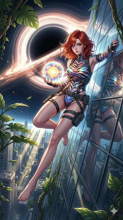score_9, masterpiece, best quality, ultra-detailed, Set A: High-budget Anime Keyframe, Japanese woman. Low angle cowboy shot filling the entire 9:16 frame with her statuesque presence. Theme: Historical Remix. sliding down a glass skyscraper in the e