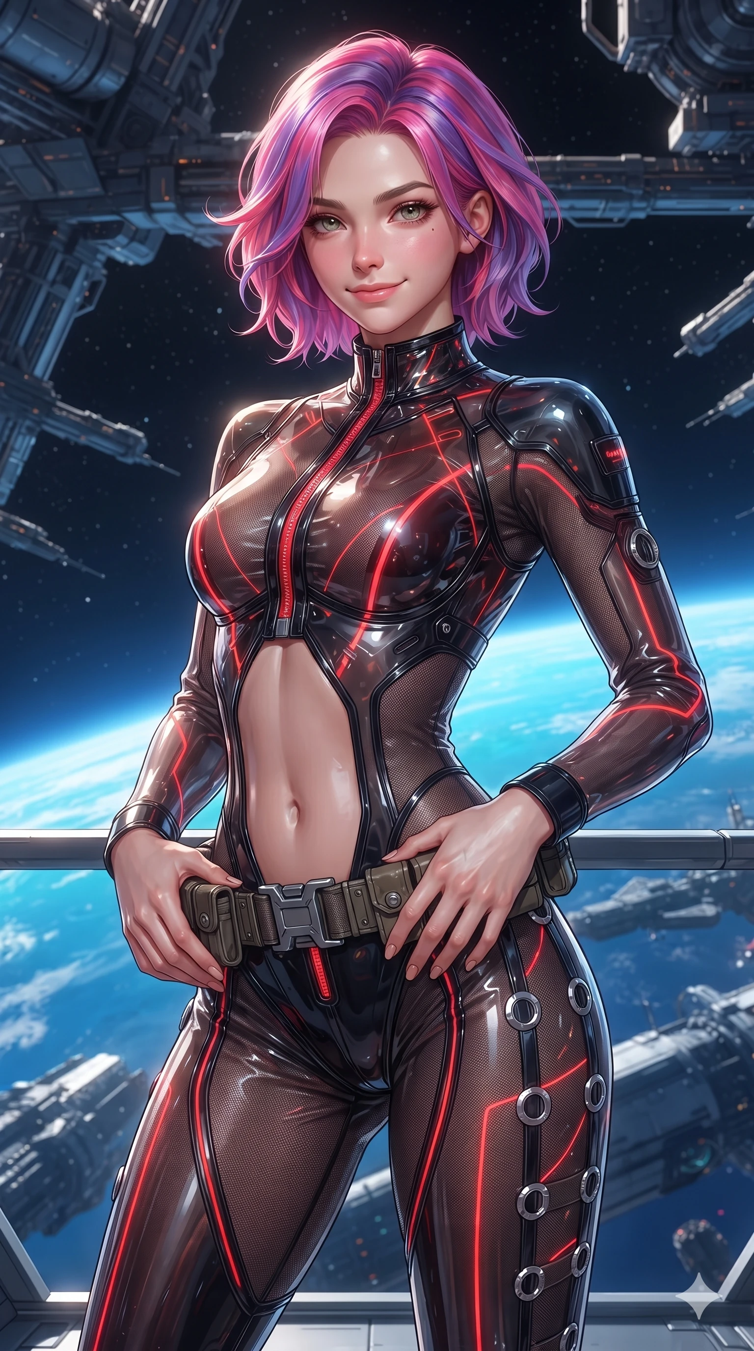 score_9, masterpiece, best quality, ultra-detailed, high-budget anime keyframe, editorial fashion photography, tasteful artistic composition, Caucasian woman. close-up cowboy shot from the waist and thighs up, the character dominates the composition, filling the frame with her large presence. resting both hands lightly on her tactical utility belt, arching her spine to highlight her narrow waist, flat midriff, and breathtaking collarbones while standing poised on the semicircular orbital balcony cantilevered over open space, arching her spine with ethereal siren poise as the curved blue planetary horizon shines below. The surrounding environment is rendered in vivid detail and crisp panoramic clarity: detailed cybernetic combat bodysuit, sheer nanotech mesh panels, and monumental orbital architecture in razor-sharp clarity. She has an exceptionally elegant, slender, and willowy female figure with an ultra-slim waist, flat toned midriff, narrow ribcage, and sculpted feminine hips creating an alluring, slim hourglass silhouette without bulk. sharp v-shaped jawline, high-bridge nose, intricate jewel-like sparkling eyes with depth, thick eyelashes, glossy parted lips with a natural sheen, bright confident smile with an enchanting and coquettish sensual glint, exuding both youthful magnetic charm and sovereign high-tech allure, flawlessly proportioned anatomical accuracy, strict slender model proportions, natural body alignment, perfectly sculpted long slender limbs, ultra-slim waistline, clean dynamic posture without body distortion. wearing a translucent high-gloss polymer flight suit with internal luminescent wire filigree and tailored waist cinching in midnight black lacquer and vibrant scarlet neon, crafted from sheer technical cyber-lace reinforced with ultra-thin Kevlar threads, finished with sharp laser-cut side ventilation slits framed by silver hardware rings, the form-contouring cut accentuating her sculpted flat midriff, narrow delicate ribcage, and gracefully curvy hips with cybernetic supermodel precision. bathed in the glorious, unpolluted sapphire and turquoise radiance of the illuminated planet below mixed with subtle warm balcony accent lights. ultra-reflective glossy finish, specular highlights, rich textural contrasts, high-contrast stereoscopic depth, volumetric dynamic lighting, 2k, ultra detail, master piece, 9:16 ratio