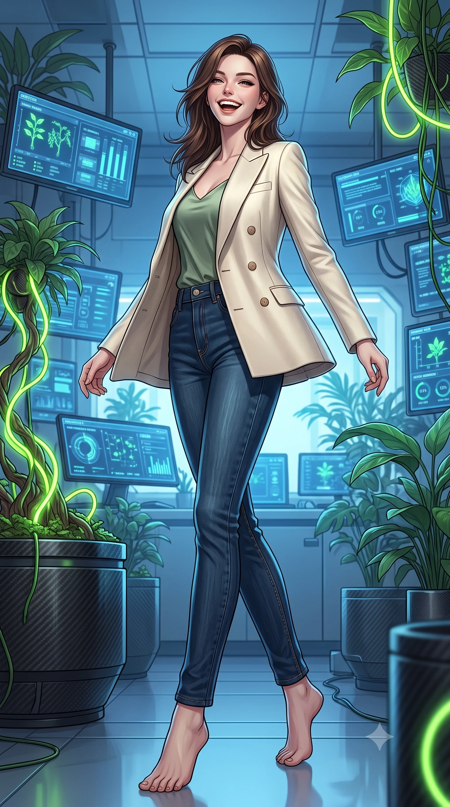 score_9, masterpiece, best quality, ultra-detailed, high-budget anime keyframe, editorial fashion photography, tasteful artistic composition, Korean woman. low angle full-body shot from head to toe showing her feet, filling the entire 9:16 vertical frame with her statuesque presence, stretching her vertical silhouette. twirling with a bright, delighted laugh inside inside a high-tech botanical research laboratory with carbon-fiber pots, neon-vined plants, and blue status displays mapping their growth. She has a statuesque 8.5-heads proportion, an exceptionally tall, slender and willowy model-like build with impossibly long legs and a highly sculpted ultra-slim waist. sharp v-shaped jawline, high-bridge nose, intricate jewel-like eyes with depth, thick eyelashes, glossy lips with a natural sheen. wearing a tailored cream double-breasted blazer over a sage green silk top, paired with raw dark blue denim. cool blue light from the digital displays combined with warm neon green accents from the modified plants. 2k, ultra detail, master piece, 9:16 ratio