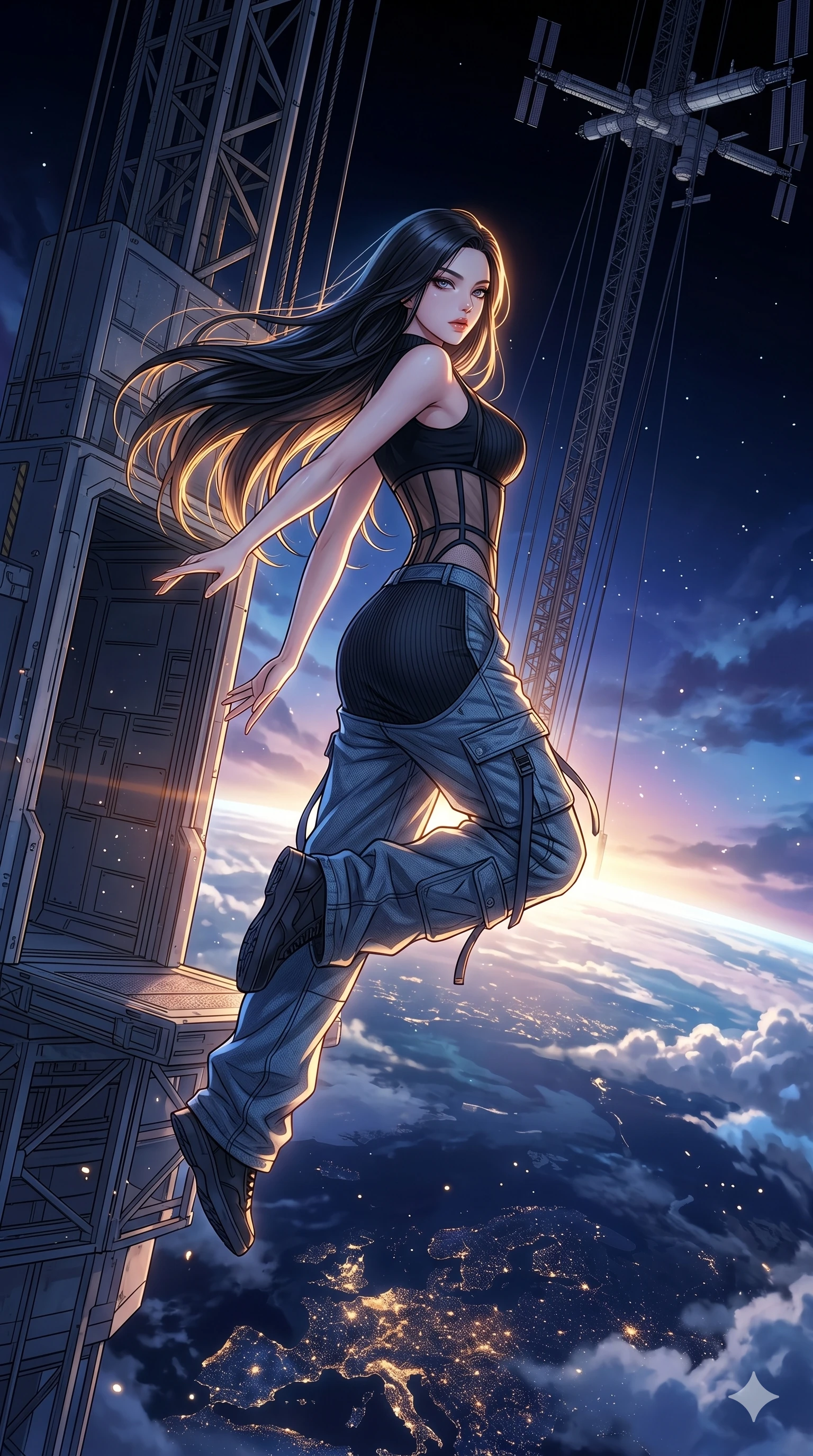 score_9, masterpiece, best quality, ultra-detailed, high-budget anime movie keyframe, cinematic anime lighting, intricate line art, Korean woman. Mid-air action shot capturing a graceful twist and vertical silhouette. leaping from a space elevator into the upper atmosphere. She has an absolutely perfect 8-heads proportion, an exceptionally tall and slender female figure with an ultra-slim waist and impossibly long slender legs. strictly human anatomy, two legs only, no extra limbs, clearly defined legs and arms, perfect anatomy, perfect hands and fingers. sharp v-shaped jawline, high-bridge nose, intricate jewel-like eyes, thick eyelashes, glossy lips. Wearing Urban Trendsetter: Ribbed bodycon dress, crop top with high-waist denim, and sheer corset with cargo pants. The scene is illuminated by dramatic atmospheric lighting and vibrant color palettes. , 2k, ultra detail, master piece, 9:16 ratio