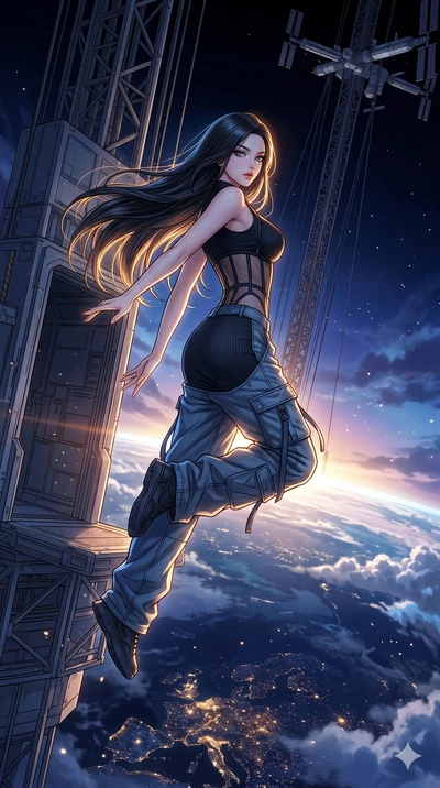 score_9, masterpiece, best quality, ultra-detailed, high-budget anime movie keyframe, cinematic anime lighting, intricate line art, Korean woman. Mid-air action shot capturing a graceful twist and vertical silhouette. leaping from a space elevator in