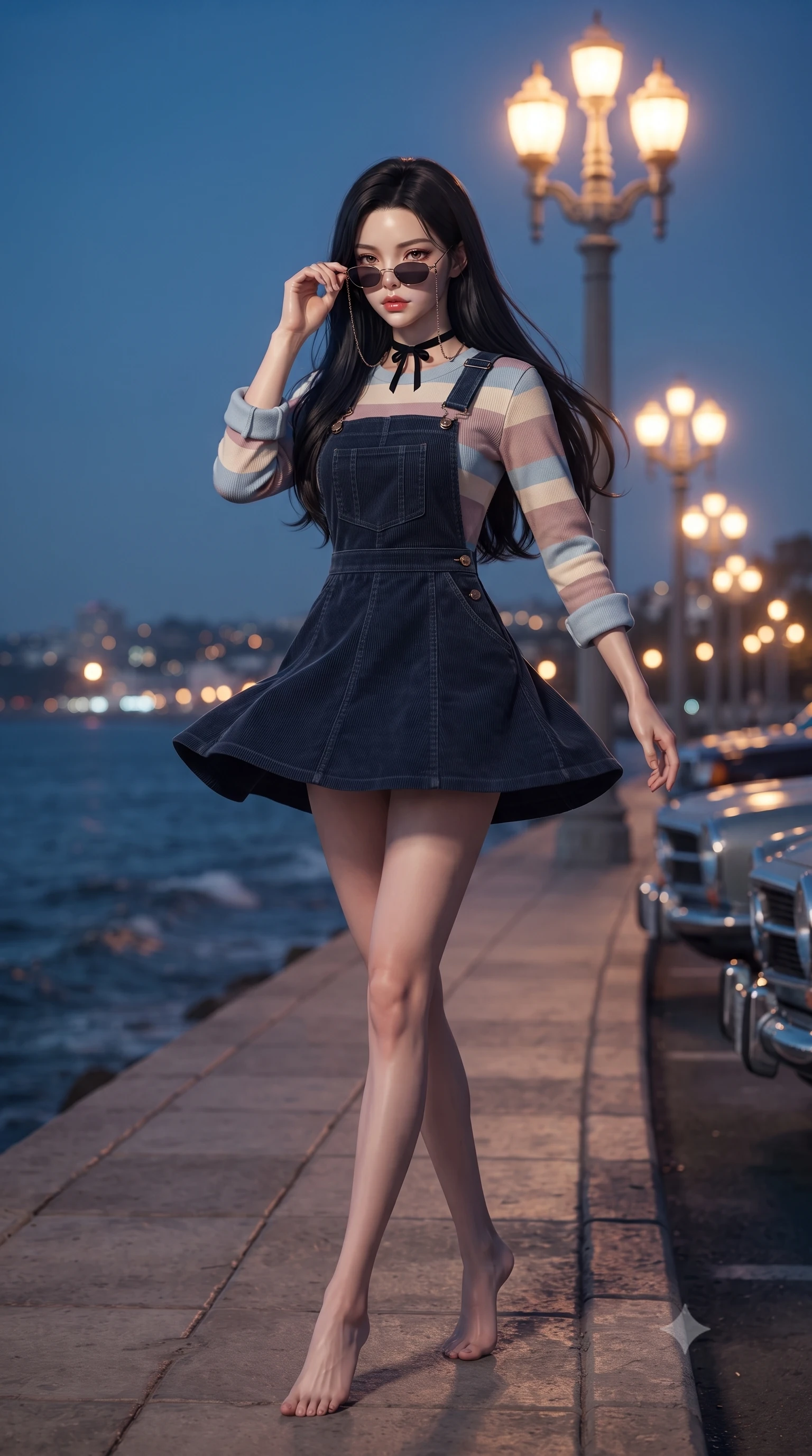 score_9, masterpiece, best quality, ultra-detailed, high-budget anime keyframe, editorial fashion photography, tasteful artistic composition, Korean woman. low angle full-body shot from head to toe showing her feet, filling the entire 9:16 vertical frame with her statuesque presence, stretching her vertical silhouette. executing an elegant mid-motion spin with effortless grace, her garments fluttering softly around her ultra-slim waistline while standing poised on the bridge sidewalk under glowing art-deco streetlamps as distant city lights twinkle across the bay. The composition keeps background elements in soft focus with creamy bokeh. vintage car chrome bumpers and coastal water ripples softened in cinematic shallow focus. She has an absolutely perfect, statuesque 8.5-heads proportion, an exceptionally tall and slender model-like female figure with impossibly long slender legs, a toned flat midriff, and an ultra-slim waist. sharp v-shaped jawline, high-bridge nose, intricate jewel-like eyes with depth, thick eyelashes, glossy lips with a natural sheen, captivating and magnetic expression, flawlessly proportioned anatomical accuracy, strict slender model proportions, natural body alignment, perfectly sculpted long slender limbs, ultra-slim waistline, clean dynamic posture without body distortion. wearing a vintage corduroy dungaree dress layered over a pastel striped baby-tee with rolled cuffs in deep navy blue and vintage brass gold, crafted from ultra-soft brushed fleece and vintage-washed jersey, finished with a delicate black velvet ribbon choker and vintage sunglasses, the breezy yet form-flattering drape swaying gracefully with her steps, accentuating her long willowy limbs and slim waistline. bathed in warm yellow streetlamp illumination and cool blue midnight sky ambient fill. ultra-reflective glossy finish, specular highlights, rich textural contrasts, high-contrast stereoscopic depth, volumetric dynamic lighting, 2k, ultra detail, master piece, 9:16 ratio