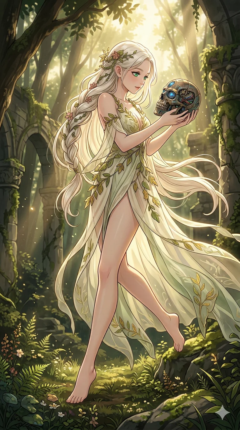 score_9, masterpiece, best quality, ultra-detailed, semi-realistic high-budget anime keyframe, an incredibly beautiful ethereal Caucasian woman with flawless pale skin (strictly human ears). Dynamic full-body shot stretching vertically. She is a garden nymph who found a lost robotic skull. She has an absolutely perfect 8-heads proportion, a towering female figure with long slender legs and a delicate skinny body. Her face is a masterpiece with platinum blonde hair and emerald eyes. She is wearing a sheer fabric dress made of leaves and silk, highlighting her alluring silhouette. Sun-dappled forest and ancient ruins, dramatic rim lighting, radiant glowing skin, 2k, ultra detail, master piece, 9:16 ratio