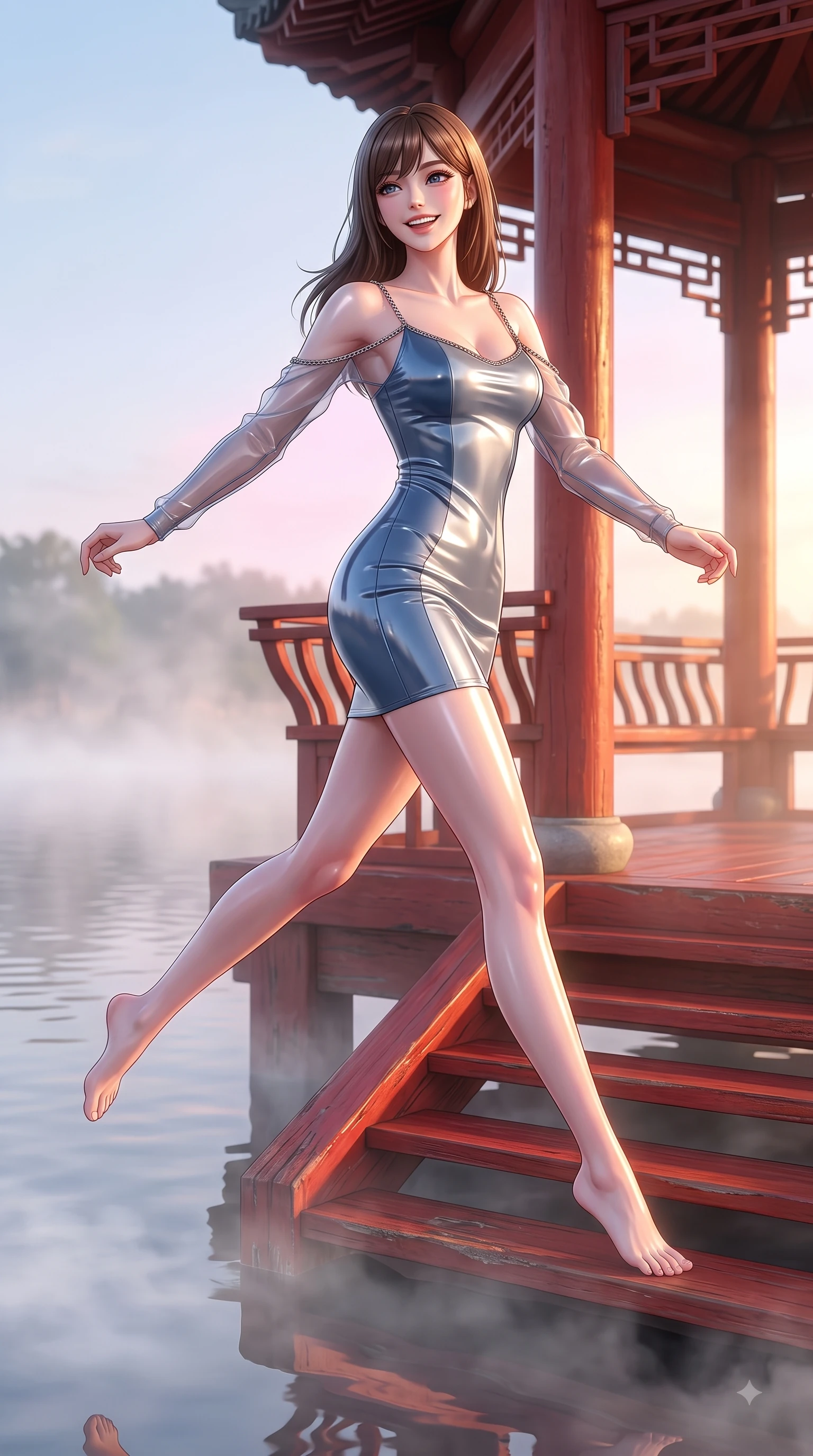 score_9, masterpiece, best quality, ultra-detailed, high-budget anime keyframe, editorial fashion photography, tasteful artistic composition, Korean woman. low angle full-body shot from head to toe showing her feet, filling the entire 9:16 vertical frame with her statuesque presence, stretching her vertical silhouette. leaping with pure joy through mid-air with a radiant bright smile, her impossibly long slender legs stretched in perfect balance while pivoting gracefully on the steps of a traditional red wooden pavilion with a warm smile, morning mist floating gently over the water surface, capturing bright golden light. She has an absolutely perfect, statuesque 8.5-heads proportion, an exceptionally tall and slender model-like female figure with impossibly long slender legs and an ultra-slim waist. sharp v-shaped jawline, high-bridge nose, intricate jewel-like eyes with depth, thick eyelashes, glossy lips with a natural sheen, flawlessly proportioned anatomical accuracy, natural body alignment, perfectly sculpted elegant limbs, clean dynamic posture without body distortion. wearing a sleek bodycon knit dress with strategic sheer organza sleeve panels in slate blue and metallic silver, tailored from high-gloss patent leather, adorned with delicate metallic chain straps along the neckline, the glove-like fit emphasizing her statuesque silhouette during motion. illuminated by soft glowing pink ambient light and clear sky refractions. ultra-reflective glossy finish, specular highlights, metallic sheen, high-contrast stereoscopic depth, volumetric dynamic lighting, 2k, ultra detail, master piece, 9:16 ratio