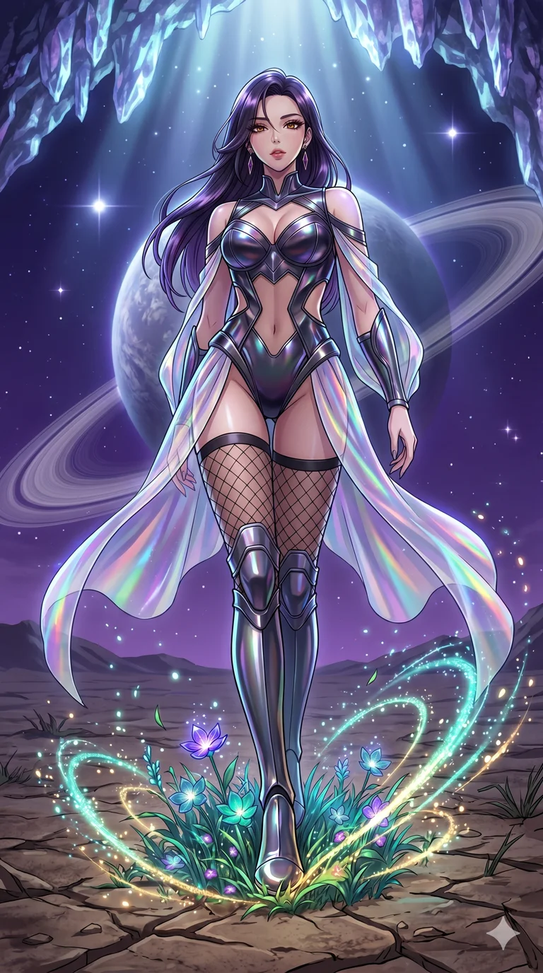 score_9, masterpiece, best quality, ultra-detailed, High-budget Anime Keyframe, vibrant colors, fluid line-art, expressive lighting, cinematic composition, Ufotable-style visual effects, top-tier animation quality, Korean woman with idol-like refined features. Cinematic low angle perspective showcasing her towering height and perfect 8-heads proportion. Restoring life to a barren, dead planet with a single touch, greenery and flowers erupting from her footsteps. She has an absolutely perfect 8-heads proportion, an exceptionally tall and slender female figure with impossibly long slender legs and an ultra-slim waist, her statuesque height and towering silhouette dominating the vertical 9:16 frame. Her face is a masterpiece featuring a sharp v-shaped jawline, high-bridge nose, intricate jewel-like eyes with depth, thick eyelashes, and glossy lips with a natural sheen. She is wearing a Molten metal-look bodysuit with daring cut-outs and a high-cut silhouette crafted from Holographic chiffon that changes color with every movement, creating a rainbow effect, accompanied by sensual fishnet stockings and thigh-high metallic boots. The scene is set in a mysterious alien planet with bioluminescent purple flora and a giant ringed planet in the sky, illuminated by ethereal moonlight filtering through a crystalline canopy, creating soft highlights. 2k, ultra detail, master piece, 9:16 ratio