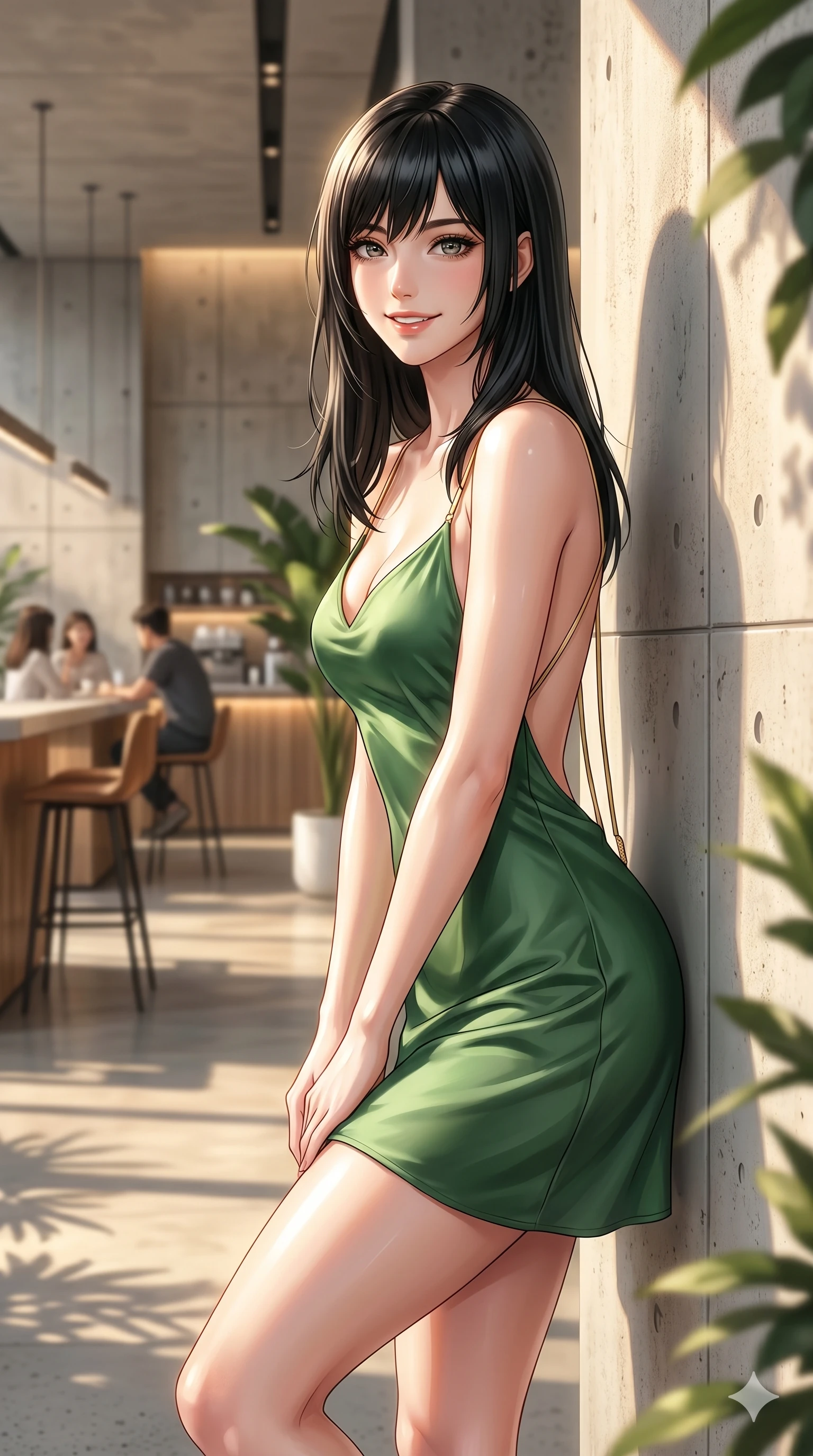 score_9, masterpiece, best quality, ultra-detailed, high-budget anime keyframe, editorial fashion photography, tasteful artistic composition, Caucasian woman, strictly human ears. cowboy shot from the thighs up, character and outfit filling the frame for maximum editorial presence. smiling with quiet magnetic self-assurance, looking directly at the viewer leaning against a concrete wall of a modern outdoor cafe. She has an absolutely perfect 8-heads proportion, an exceptionally tall and slender female figure with impossibly long slender legs and an ultra-slim waist. V-shaped jawline, high-bridge nose, intricate jewel-like eyes with depth, thick eyelashes, glossy lips with a natural sheen. wearing a green silk slip dress with an open-back design and delicate gold straps. drenched in brilliant afternoon sunshine making her skin look luminous and glowing. 2k, ultra detail, master piece, 9:16 ratio