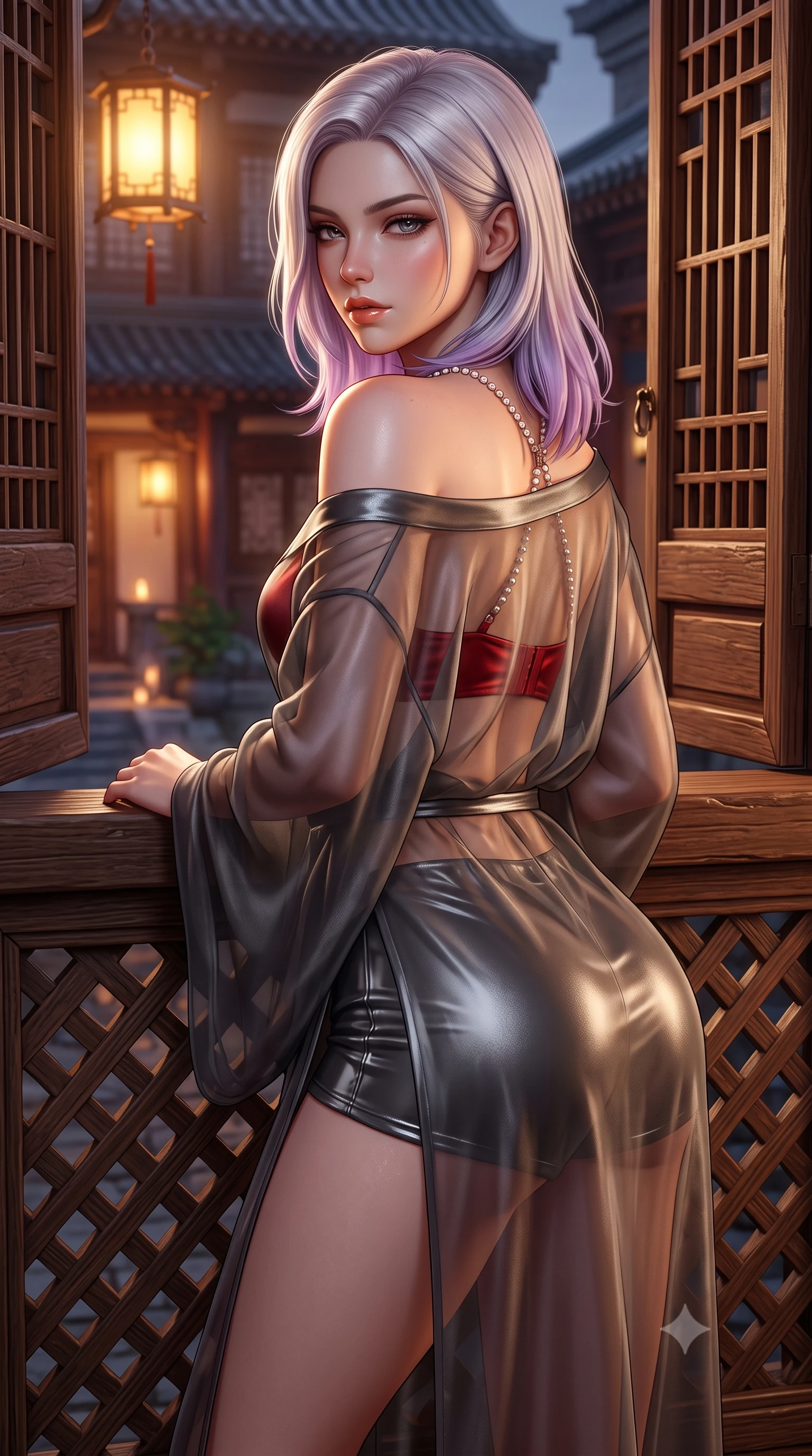 score_9, masterpiece, best quality, ultra-detailed, high-budget anime keyframe, semi-realistic 3D game render, editorial fashion photography, tasteful artistic composition, Caucasian woman. close-up cowboy shot from the waist and thighs up, the character dominates the composition, filling the frame with her large presence. posing in an alluring rear three-quarter angle, looking over a bare shoulder with parted glossy lips, her hips cocked back to highlight her slim hourglass curve while leaning against the wooden lattice sill with hips cocked back, casting a smoldering glance through the open shutter toward the candlelit courtyard. The surrounding environment is rendered in vivid detail and crisp panoramic clarity: detailed sheer silk organza modern robe slipping off shoulders, red satin bralette cling, and master woodcraft in high resolution. She has an exceptionally elegant, slender, and willowy female figure with an ultra-slim waist, flat toned midriff, narrow ribcage, and sculpted feminine hips creating an alluring, slim hourglass silhouette without bulk. sharp v-shaped jawline, high-bridge nose, sparkling eyes with hypnotic seductive depth, thick curled eyelashes, glossy parted lips with a natural dewy peach sheen, alluring bedroom-eyes with an enchanting coquettish smile, exuding magnetic siren charisma and sophisticated glamour, flawlessly proportioned anatomical accuracy, strict slender model proportions, natural body alignment, perfectly sculpted long slender limbs, ultra-slim waistline, clean dynamic posture without body distortion. wearing a sheer silk organza modern caftan robe worn loose and slipping off bare shoulders over a matching satin bralette and micro-shorts in smoky charcoal and metallic platinum, crafted from wet-look high-gloss vinyl fabric with dazzling specular surface reflections, accented with a pearl-drop body harness subtly framing her dewy collarbones and spine, the high-slit wrap tailoring accentuating her ultra-slim waistline and the enchanting curve of her feminine hips with alluring seductive charm. illuminated by warm interior lantern bounce and sharp silver-gold rim lights defining her razor-sharp jawline, narrow waist, and curvy hips. highly saturated vibrant anime colors, detailed shading with soft gradients, rich glossy textures, high-contrast stereoscopic depth, volumetric dynamic lighting, master piece, 9:16 ratio