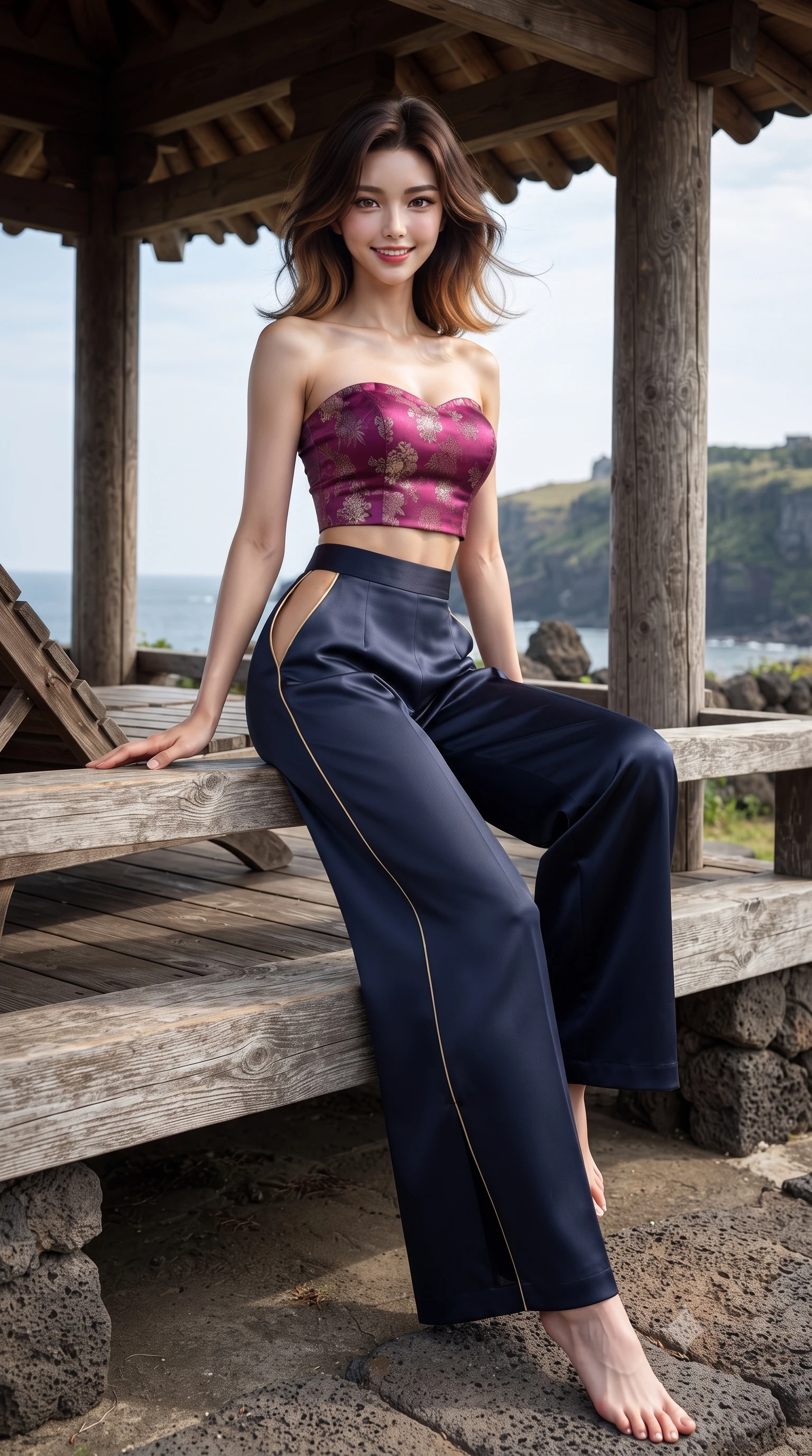 score_9, masterpiece, best quality, ultra-detailed, high-budget anime keyframe, editorial fashion photography, tasteful artistic composition, Korean woman. low angle full-body shot from head to toe showing her feet, filling the entire 9:16 vertical frame with her statuesque presence, stretching her vertical silhouette. sitting perched on the elevated pavilion terrace edge with legs crossed and hips angled toward the camera, displaying her toned midriff and long slender limbs with joyful, coquettish charm while lounging gracefully on an outdoor wooden sunbed with legs crossed, her modern fusion hanbok radiating fresh island sensual charm. The surrounding environment is rendered in vivid detail and crisp panoramic clarity: detailed linen-silk fabric weave, ocean breeze in hair, and traditional Jeju stonecraft in high resolution. She has an absolutely perfect, statuesque 8.5-heads proportion, an exceptionally tall and slender model-like female figure with impossibly long slender legs, an ultra-slim waist, a flat toned midriff, narrow delicate ribcage, and beautifully sculpted feminine hips creating a graceful, slim hourglass silhouette without any bulky heaviness. sharp v-shaped jawline, high-bridge nose, intricate jewel-like dark sparkling almond eyes with depth, thick lashes, glossy parted lips with a natural rose-plum sheen, bright alluring and coquettish smile with bedroom-eyes, exuding both timeless oriental elegance and sovereign high-fashion allure, flawlessly proportioned anatomical accuracy, strict slender model proportions, natural body alignment, perfectly sculpted long slender limbs, ultra-slim waistline, clean dynamic posture without body distortion. wearing a strapless structured silk brocade bustier top paired with flowing wide-leg satin palazzo trousers cinched at the waist in deep lotus magenta and matte midnight navy, woven from metallic gold and silver thread casting subtle starlight glints, finished with sharp laser-cut side hip slits framed by gold piping, the form-contouring cut accentuating her sculpted flat midriff, narrow delicate ribcage, and gracefully curvy hips with regal oriental supermodel elegance. illuminated by black stone bounce and sharp amber rim lights defining her sculpted collarbones, ultra-slim waist, and curvy hips. ultra-reflective glossy finish, specular highlights, rich textural contrasts, high-contrast stereoscopic depth, volumetric dynamic lighting, 2k, ultra detail, master piece, 9:16 ratio