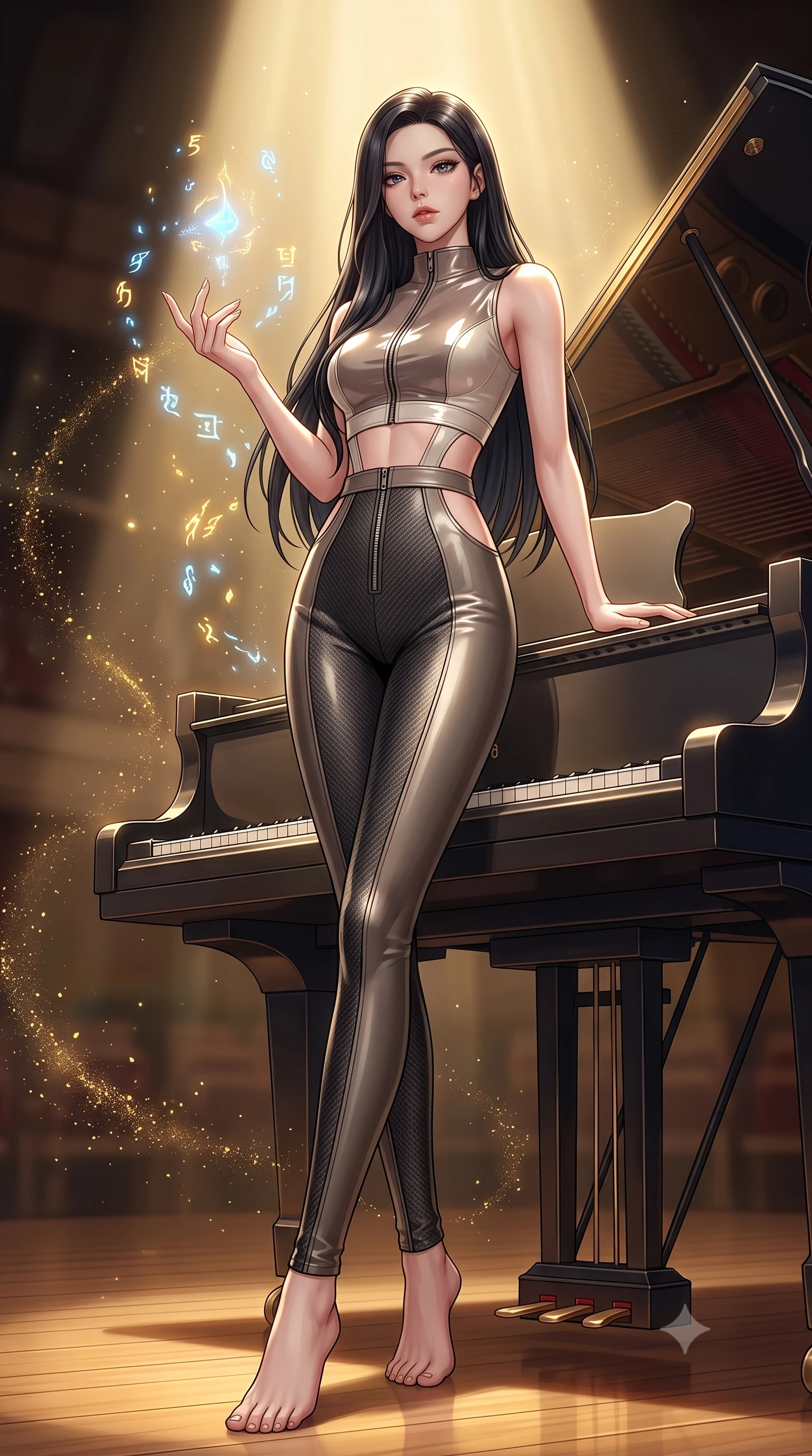score_9, masterpiece, best quality, ultra-detailed, high-budget anime keyframe, editorial fashion photography, tasteful artistic composition, Korean woman. low angle full-body shot from head to toe showing her feet, filling the entire 9:16 vertical frame with her statuesque presence, stretching her vertical silhouette. interacting gracefully with the magical floating elements while maintaining a confident posture resting against the open lid of a grand piano as golden stage light traces her form, golden dust particles dancing gracefully in the beam of key light. She has an absolutely perfect, statuesque 8.5-heads proportion, an exceptionally tall and slender model-like female figure with impossibly long slender legs and an ultra-slim waist. sharp v-shaped jawline, high-bridge nose, intricate jewel-like eyes with depth, thick eyelashes, glossy lips with a natural sheen. wearing a glossy vinyl crop top and high-waist tailored leggings with sleek zippers in muted taupe and soft ivory, made of fine carbon-fiber weave and soft matte leather, featuring clean architectural cutouts along her slender torso, the glove-like fit emphasizing her statuesque silhouette. bathed in a single dramatic golden spotlight with rich chiaroscuro shadows. highly saturated vibrant anime colors, detailed shading with soft gradients, rich glossy textures, high-contrast stereoscopic depth, volumetric dynamic lighting, master piece, 9:16 ratio