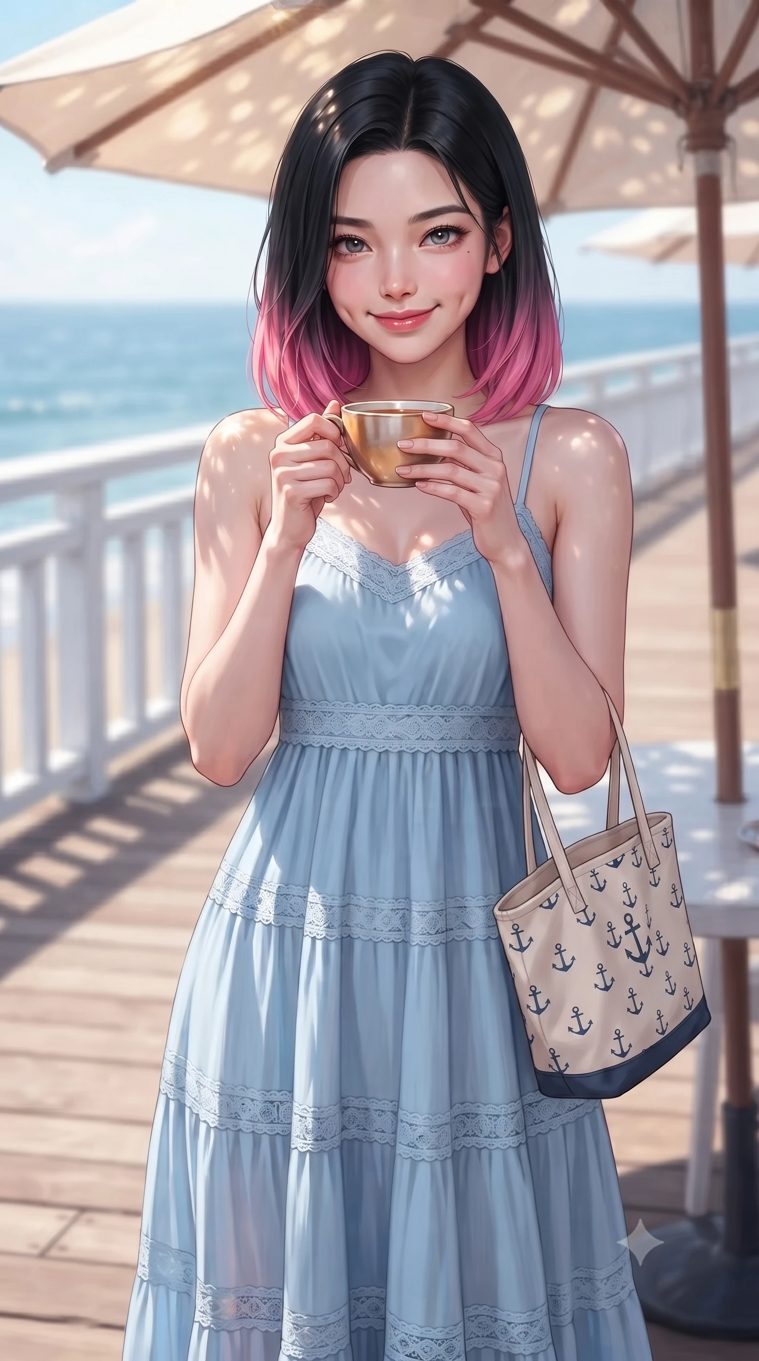 score_9, masterpiece, best quality, ultra-detailed, high-budget anime keyframe, editorial fashion photography, tasteful artistic composition, Korean woman. close-up cowboy shot from the waist and thighs up, the character dominates the composition, filling the frame with her large presence, background elements kept in soft focus. smiling with soft, cute dimples, holding a warm cup of tea with both hands set against a soft-focus background of walking along a wooden seaside boardwalk lined with white railings holding a cute canvas tote bag with a nautical anchor print. She has an exceptionally elegant, slender, and willowy female figure with an ultra-slim waist, a gracefully sculpted slender torso, and a refined silhouette. sharp v-shaped jawline, high-bridge nose, intricate jewel-like eyes with depth, thick eyelashes, glossy lips with a natural sheen. wearing form-contouring lovely tiered maxi dress in baby blue, featuring a relaxed silhouette. dappled sunlight filtering through a beach umbrella onto her shoulders. ultra-reflective glossy finish, specular highlights, metallic sheen, high-contrast stereoscopic depth, volumetric dynamic lighting, 2k, ultra detail, master piece, 9:16 ratio