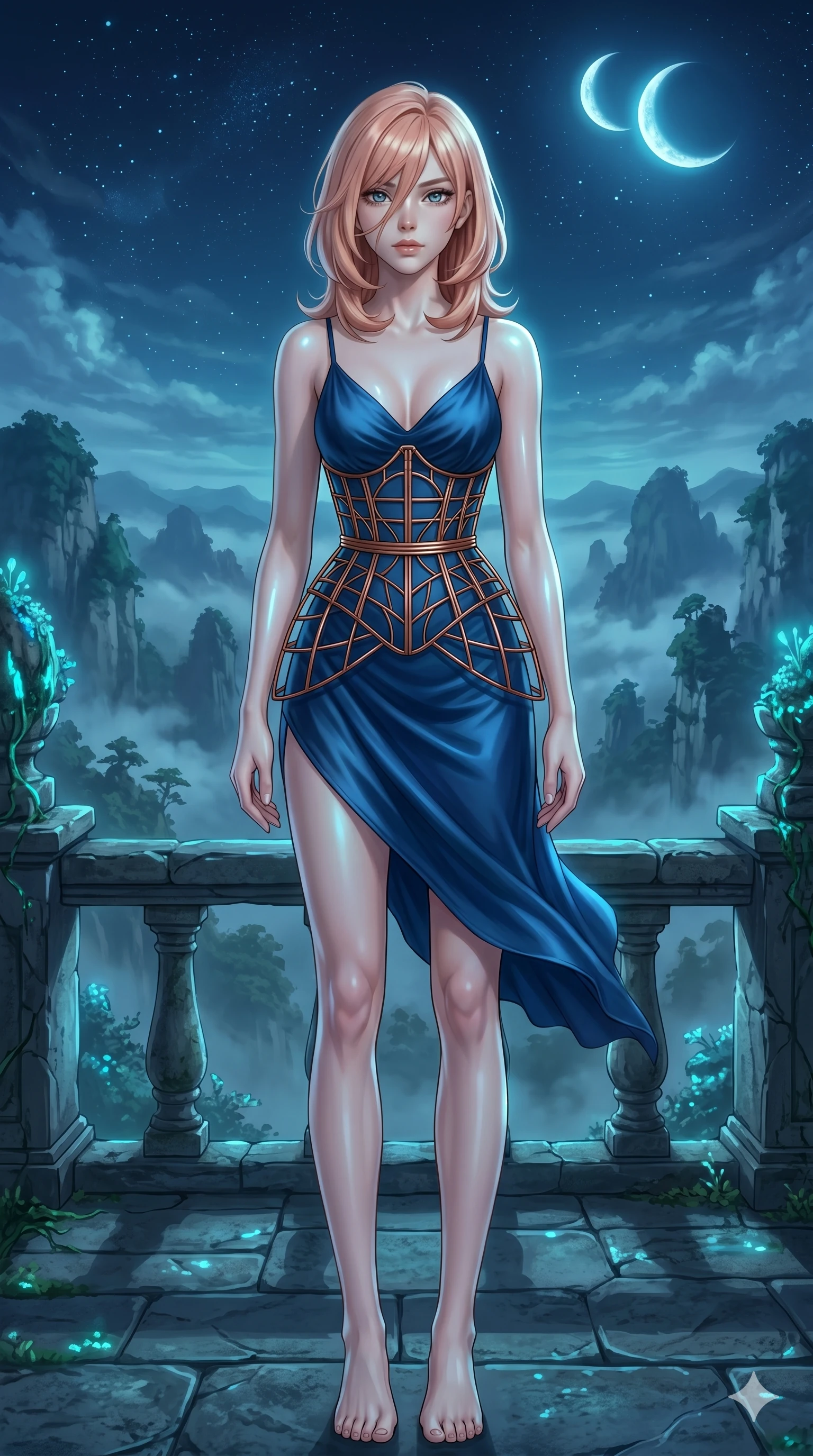 score_9, masterpiece, best quality, ultra-detailed, high-budget anime keyframe, editorial fashion photography, tasteful artistic composition, Japanese woman. cowboy shot from the thighs up, character and outfit filling the frame for maximum editorial presence. Looking directly at the camera through a strand of hair, her gaze mysterious and focused on a stone terrace overlooking a valley of floating mountains under a twin crescent moon, with a sense of ancient serenity filling every corner. She has an absolutely perfect 8-heads proportion, an exceptionally tall and slender female figure with impossibly long slender legs and an ultra-slim waist. V-shaped jawline, high-bridge nose, intricate jewel-like eyes with depth, thick eyelashes, glossy lips with a natural sheen. wearing a deep sapphire blue silk slip dress accented with a custom-crafted copper wire cage corset. illuminated by soft aqua bioluminescent light that makes her skin glow luminously against the dark. 2k, ultra detail, master piece, 9:16 ratio