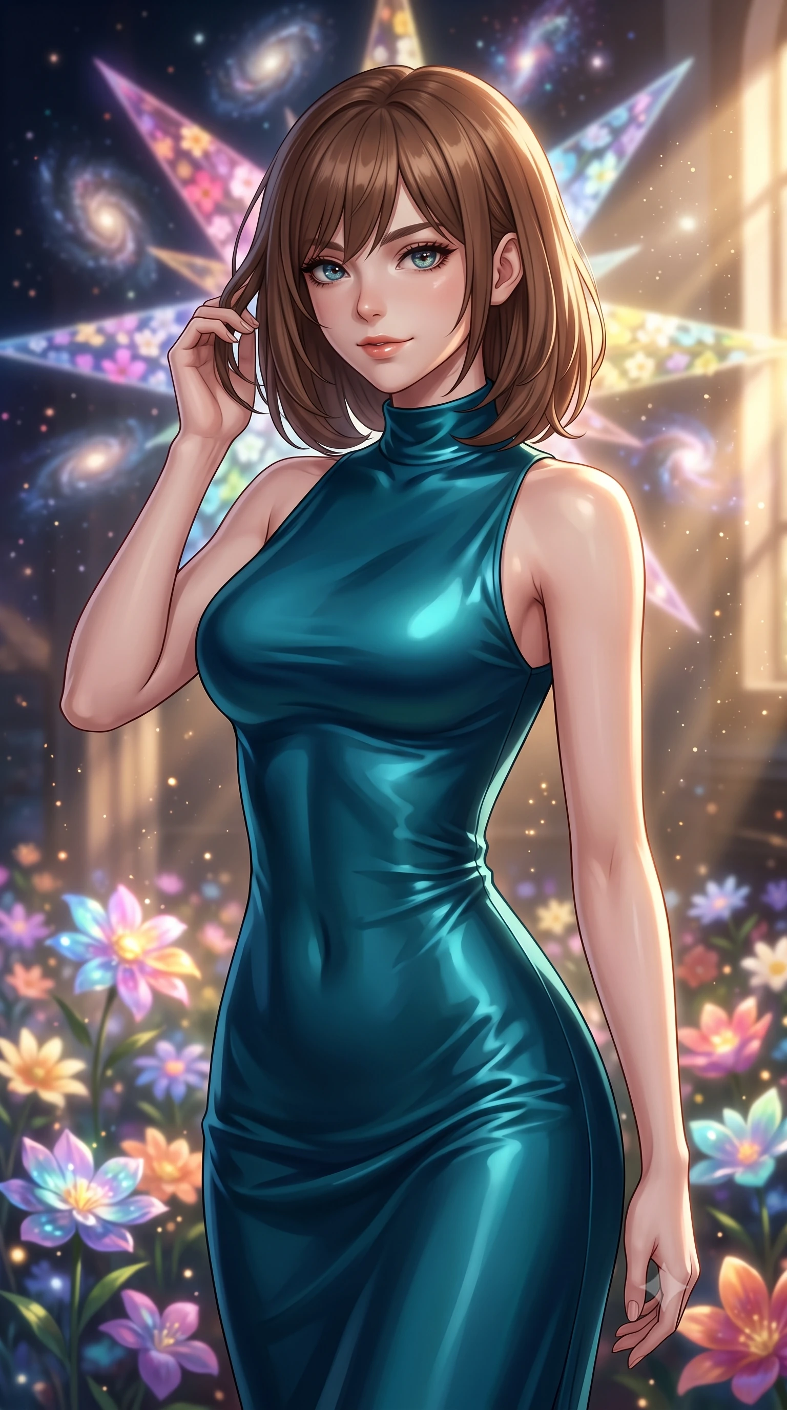 score_9, masterpiece, best quality, ultra-detailed, high-budget anime keyframe, editorial fashion photography, tasteful artistic composition, Caucasian woman, strictly human ears. close-up cowboy shot from the waist and thighs up, the character dominates the composition, filling the frame with her large presence, background elements kept in soft focus. Gently brushing hair from her face with an enigmatic half-smile. set against a soft-focus background of a cosmic garden where luminous flowers are arranged in enormous compass rose patterns each petal-arm pointing toward a different visible galaxy with stellar winds gently swaying the astral blooms. She has an exceptionally elegant and slender, willowy female figure with an ultra-slim waist, a gracefully sculpted slender torso, and a refined slim physique. sharp v-shaped jawline, high-bridge nose, intricate jewel-like eyes with depth, thick eyelashes, glossy lips with a natural sheen. wearing a form-contouring mock-neck dress in glossy deep teal silk, highlighting her slender build and elegant proportions. golden hour sunlight streaming in warm shafts with floating dust particles catching the light. 2k, ultra detail, master piece, 9:16 ratio
