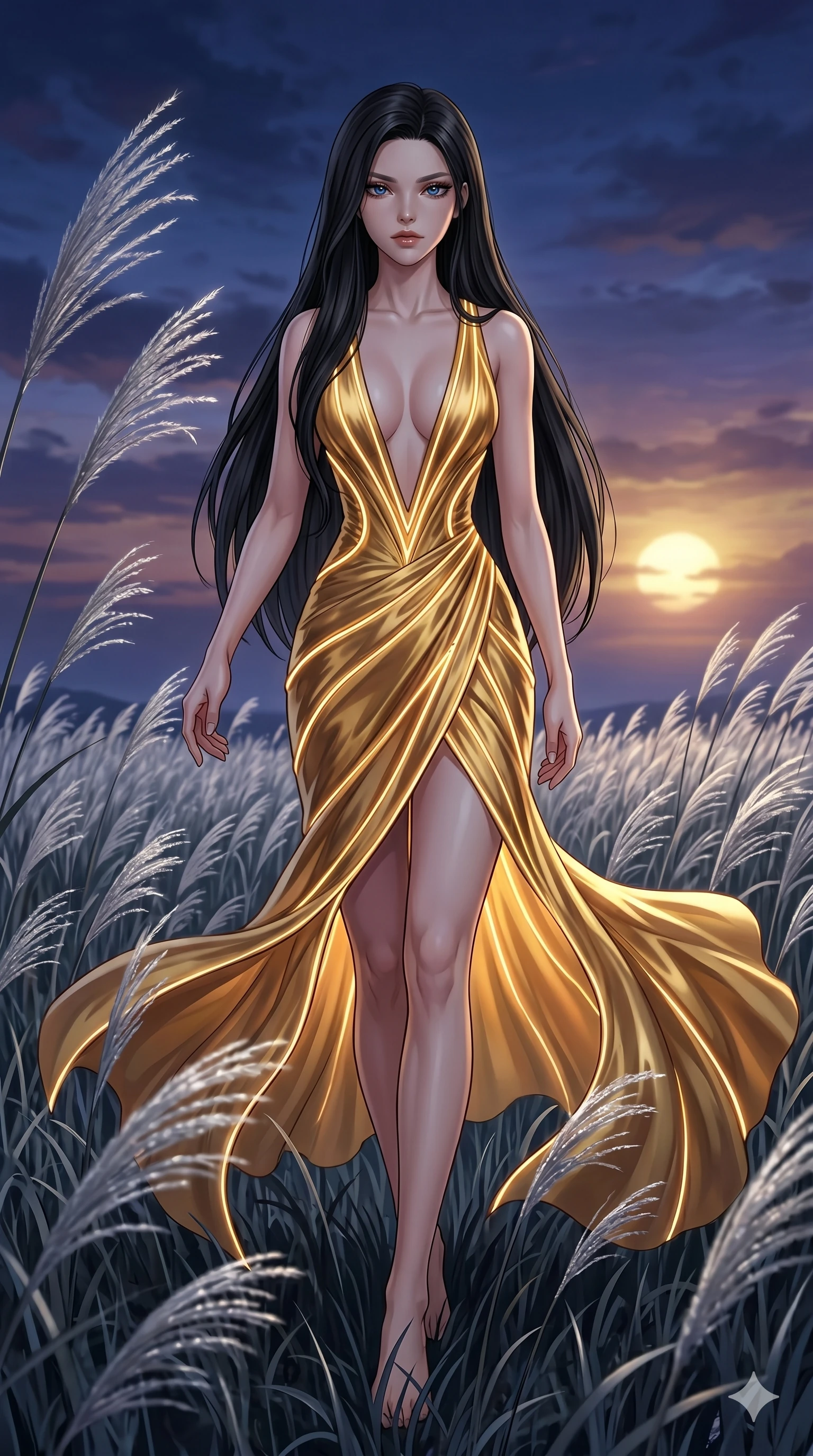 score_9, masterpiece, best quality, ultra-detailed, High-budget Anime Keyframe, East Asian woman. Dynamic full-body shot stretching the vertical silhouette to the limit. Scenario 128: Walking through a field of tall silver grass at twilight. Her presence is magnetic and overpowering in this high-budget anime scene. Outfit 128: A molten liquid silk gold with a plunging V-neckline and glowing LED seams. The clothing is designed to emphasize her exceptionally tall and slender 8-heads proportion. 8-heads proportion, towering silhouette, ultra-slim waist. sharp v-shaped jawline, intricate jewel-like eyes with depth, thick eyelashes, glossy lips. 2k, ultra detail, master piece, 9:16 ratio