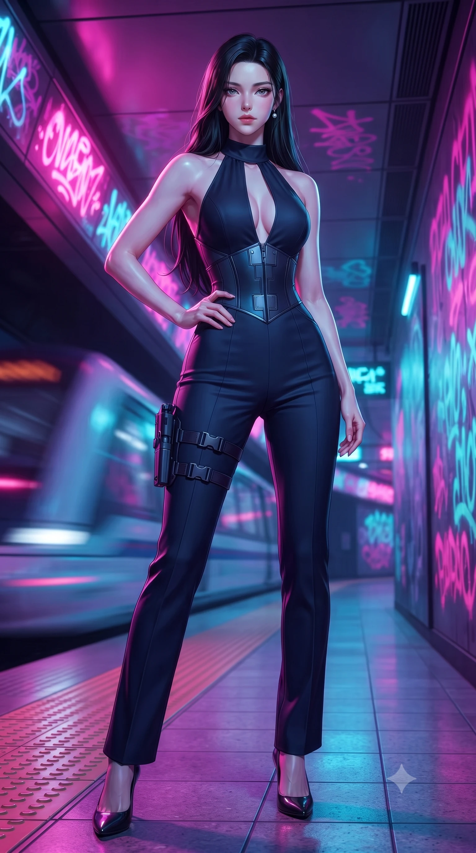 score_9, masterpiece, best quality, ultra-detailed, high-budget anime keyframe, editorial fashion photography, tasteful artistic composition, Korean woman. low angle full-body shot from head to toe showing her feet, filling the entire 9:16 vertical frame with her statuesque presence, stretching her vertical silhouette. standing poised with one hip cocked in an alluring high-fashion pose, her tall 8.5-heads proportions dominating the scene while posing dynamically in a futuristic subway station corridor covered in glowing ultraviolet cyber-graffiti murals. The composition keeps background elements in soft focus with creamy bokeh. speeding maglev train motion blur and glowing neon graffiti tags blurred into vivid magenta, cyan, and violet bokeh. She has an absolutely perfect, statuesque 8.5-heads proportion, an exceptionally tall and slender model-like female figure with impossibly long slender legs, a toned flat midriff, and an ultra-slim waist. sharp v-shaped jawline, high-bridge nose, intricate jewel-like eyes with depth, thick eyelashes, glossy lips with a natural sheen, captivating and magnetic expression, flawlessly proportioned anatomical accuracy, strict slender model proportions, natural body alignment, perfectly sculpted long slender limbs, ultra-slim waistline, clean dynamic posture without body distortion. wearing a high-society undercover halter-neck jumpsuit with a tailored deep-V back and integrated tactical waist cincher in deep midnight blue and brushed gunmetal, tailored from fluid silk crepe with inner ballistic reinforcement, accessorized with a sleek concealed garter holster and pearl ear transmitter, the precision-cut daring openings accentuating her delicate midriff, graceful bare collarbones, and ultra-slim feminine waistline. bathed in high-contrast dual lighting of neon pink floodlights and electric cyan underlights. ultra-reflective glossy finish, specular highlights, rich textural contrasts, high-contrast stereoscopic depth, volumetric dynamic lighting, 2k, ultra detail, master piece, 9:16 ratio