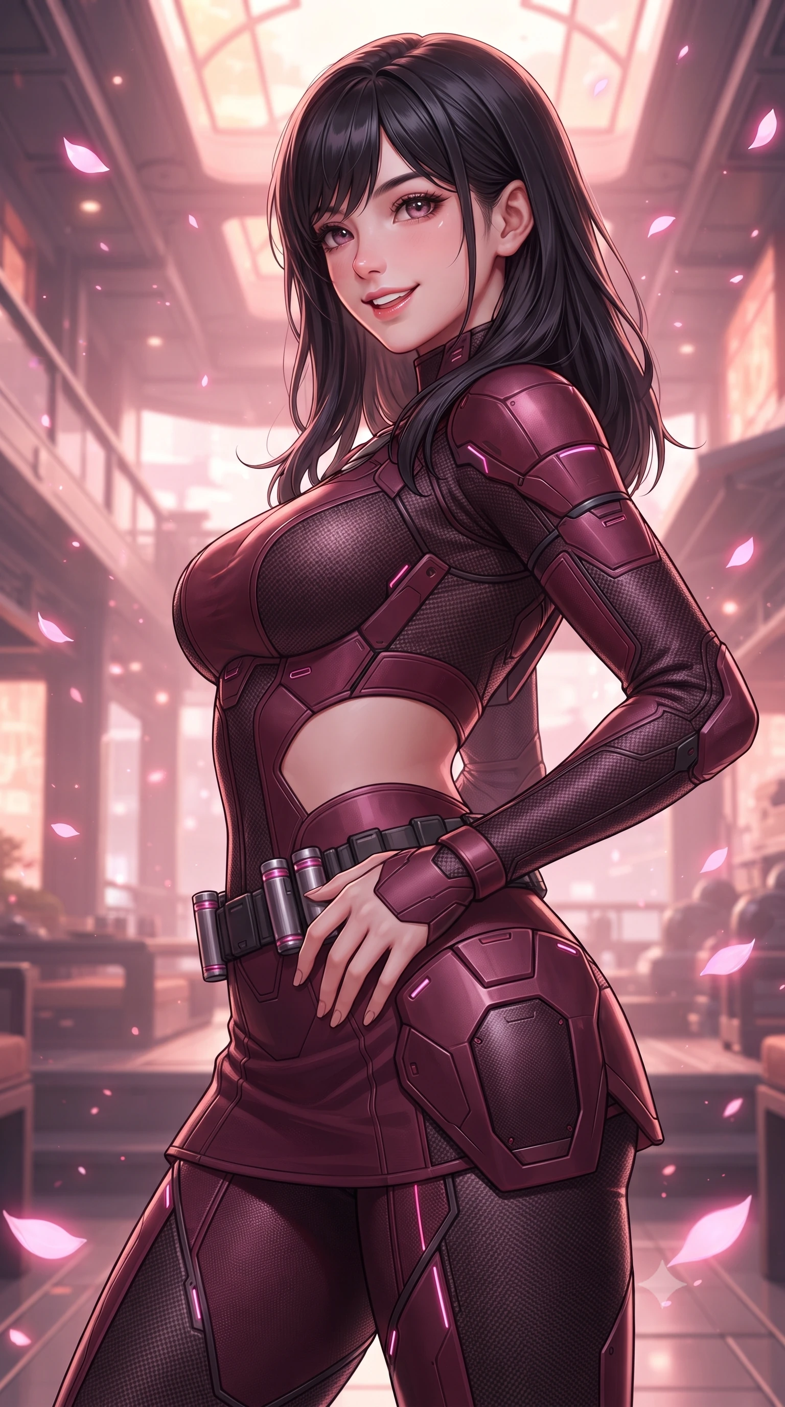 score_9, masterpiece, best quality, ultra-detailed, high-budget anime keyframe, editorial fashion photography, tasteful artistic composition, Caucasian woman. close-up cowboy shot from the waist and thighs up, the character dominates the composition, filling the frame with her large presence. twisting her slender torso in an alluring contrapposto stance, one hand resting on her sculpted hip armor while glancing back with effortless sovereign poise while twisting her slender torso in an alluring S-curve as floating neon pink sakura petals drift past her tight suit and curvy hips. The surrounding environment is rendered in vivid detail and crisp panoramic clarity: detailed cyber suit weave, soft pink neon highlights on skin, and futuristic tea house architecture in high resolution. She has an exceptionally elegant, slender, and willowy female figure with an ultra-slim waist, flat toned midriff, narrow ribcage, and sculpted feminine hips creating an alluring, slim hourglass silhouette without bulk. sharp v-shaped jawline, high-bridge nose, intricate jewel-like sparkling eyes with depth, thick eyelashes, glossy parted lips with a natural sheen, bright confident smile with an enchanting and coquettish sensual glint, exuding both youthful magnetic charm and sovereign high-tech allure, flawlessly proportioned anatomical accuracy, strict slender model proportions, natural body alignment, perfectly sculpted long slender limbs, ultra-slim waistline, clean dynamic posture without body distortion. wearing a body-hugging modern carbon-alloy crop top paired with a low-rise tactical skirt and a subtle waist cut-out in deep wine crimson and dark carbon weave, crafted from lightweight aerodynamic matte carbon-fiber weave with structural stiffness, accented with a sleek utility belt with polished magnetic canisters resting loosely on her curvy hips, the precision-cut side openings and low-back scoop framing her graceful spine and the sensual sweep of her slim, toned hips. bathed in soft, romantic cherry-pink and warm amber holographic glow. ultra-reflective glossy finish, specular highlights, rich textural contrasts, high-contrast stereoscopic depth, volumetric dynamic lighting, 2k, ultra detail, master piece, 9:16 ratio