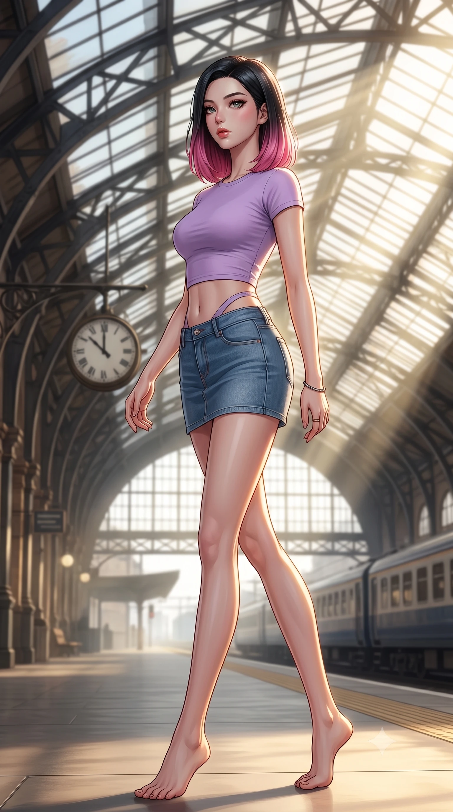 score_9, masterpiece, best quality, ultra-detailed, high-budget anime keyframe, editorial fashion photography, tasteful artistic composition, Korean woman woman. low angle full-body shot from head to toe showing her feet, filling the entire 9:16 vertical frame with her statuesque presence, stretching her vertical silhouette. stepping gracefully while looking back over her shoulder, her dress draped tightly to reveal her silhouette the background shows a soft-focus a historic train station platform built of iron and glass, with a classic clock hanging. She has an absolutely perfect, statuesque 8.5-heads proportion, an exceptionally tall and slender model-like female figure with impossibly long slender legs and an ultra-slim waist. sharp v-shaped jawline, high-bridge nose, intricate jewel-like eyes with depth, thick eyelashes, glossy lips with a natural sheen. wearing a body-hugging modern crop top in lavender cotton paired with a low-rise denim skirt and a subtle waist cut-out. morning sunrays cutting through the glass roof, creating volumetric light shafts. 2k, ultra detail, master piece, 9:16 ratio