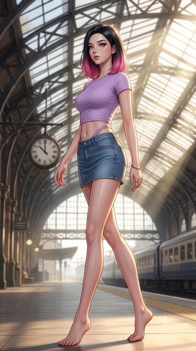 score_9, masterpiece, best quality, ultra-detailed, high-budget anime keyframe, editorial fashion photography, tasteful artistic composition, Korean woman woman. low angle full-body shot from head to toe showing her feet, filling the entire 9:16 vert