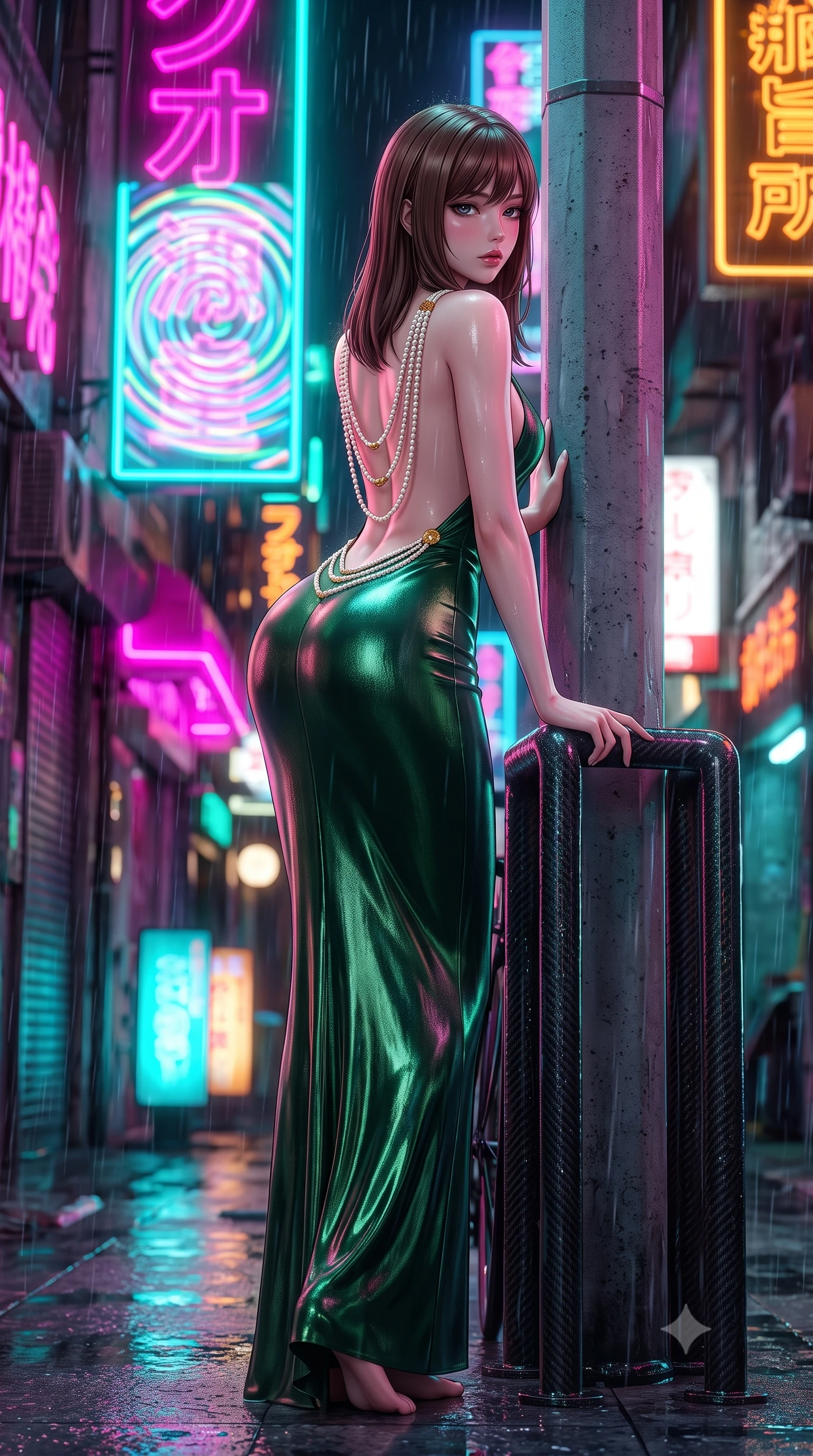 score_9, masterpiece, best quality, ultra-detailed, high-budget anime keyframe, semi-realistic 3D game render, editorial fashion photography, tasteful artistic composition, Korean woman. low angle full-body shot from head to toe showing her feet, filling the entire 9:16 vertical frame with her statuesque presence, stretching her vertical silhouette. leaning deep against the structural architecture with hips cocked in an unapologetically bold, seductive high-fashion stance while reclining casually against a rain-drenched carbon fiber bike stand propped on one elbow, her slender waist and curved hips sculpted by neon chiaroscuro. The composition keeps background elements in soft focus with creamy bokeh. swirling holographic kanji signs and rain-drenched neon restaurant signs blurred into hot magenta, laser turquoise, and amber bokeh. She has an exceptionally tall and slender model-like 8.5-heads proportion, an ultra-slim waist, a flat toned midriff, narrow delicate ribcage, and beautifully sculpted feminine hips creating a graceful, slim hourglass silhouette without any bulky heaviness, with impossibly long slender legs. sharp v-shaped jawline, high-bridge nose, intricate jewel-like eyes with depth, thick eyelashes, glossy parted lips with a natural sheen, intensely captivating and seductive bedroom-eyes expression, flawlessly proportioned anatomical accuracy, strict slender model proportions, natural body alignment, perfectly sculpted long slender limbs, ultra-slim waistline, clean dynamic posture without body distortion. wearing a liquid-silk jersey evening gown with an ultra-deep plunging open back descending to the base of her spine and a sculpted hip-hugging skirt in deep emerald green satin and gold hardware, crafted from luxurious metallic lamé that shifts radiance with every step, accented with a multi-strand pearl back necklace cascading down her bare spine to her hips, the glove-like aerodynamic silhouette tightly following the natural contour of her hips and long slender legs with statuesque 8.5-heads elegance. illuminated by shimmering wet ground specular reflections accentuating her sculpted midriff, narrow waist, and curvy hips. highly saturated vibrant anime colors, detailed shading with soft gradients, rich glossy textures, high-contrast stereoscopic depth, volumetric dynamic lighting, master piece, 9:16 ratio