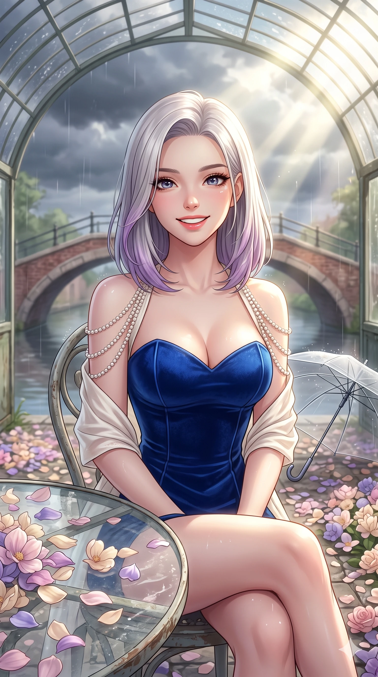 score_9, masterpiece, best quality, ultra-detailed, high-budget anime keyframe, vibrant anime aesthetic, Caucasian woman, strictly human ears. close-up cowboy shot from the waist and thighs up, the character dominates the composition, filling the frame with her large presence, background elements kept in soft focus. She is sitting by a glass greenhouse table, smiling warmly at the camera, her eyes shining with genuine joy surrounded by delicate flower petals. the background shows a soft-focus vintage brick arch bridge over a quiet canal, under a clear umbrella during a soft drizzle (Code-P22-190). She has an absolutely perfect proportion, an exceptionally elegant and slender female figure with an ultra-slim waist. V-shaped jawline, high-bridge nose, intricate jewel-like eyes with depth, thick eyelashes, glossy lips with a natural sheen. wearing a structured velvet bodice with a sweetheart neckline combined with a delicate wrap in ivory white and pearls. She is bathed in brilliant midday sunbeams breaking through storm clouds, creating a glowing aura, creating a cinematic, high-budget anime lighting effect under the glass dome roof. 2k, ultra detail, master piece, 9:16 ratio