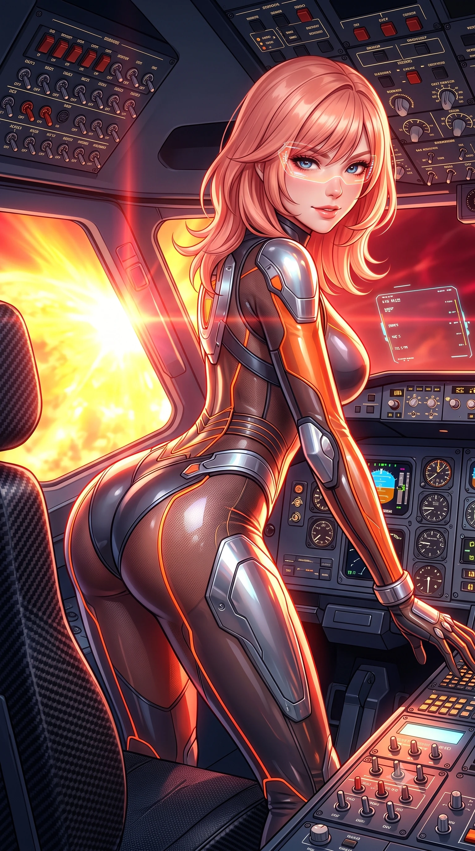 score_9, masterpiece, best quality, ultra-detailed, high-budget anime keyframe, semi-realistic 3D game render, editorial fashion photography, tasteful artistic composition, Japanese woman. close-up cowboy shot from the waist and thighs up, the character dominates the composition, filling the frame with her large presence. leaning forward over the illuminated command console while arching her lower back to accentuate her curvy hips, looking into the camera with a confident smoldering smile and intense bedroom-eyes while standing poised between flight consoles with hips cocked back, looking into the lens with fearless bedroom-eyes through a holographic HUD visor. The surrounding environment is rendered in vivid detail and crisp panoramic clarity: sharp toggle switches, illuminated cockpit instrumentation dials, and carbon fiber flight seat weave in deep focus. She has an exceptionally elegant, slender, and willowy female figure with an ultra-slim waist, flat toned midriff, narrow ribcage, and sculpted feminine hips creating an alluring, slim hourglass silhouette without bulk. sharp v-shaped jawline, high-bridge nose, intricate jewel-like sparkling eyes with depth, thick eyelashes, glossy parted lips with a natural sheen, bright confident smile with an enchanting and coquettish sensual glint, exuding both youthful magnetic charm and sovereign high-tech allure, flawlessly proportioned anatomical accuracy, strict slender model proportions, natural body alignment, perfectly sculpted long slender limbs, ultra-slim waistline, clean dynamic posture without body distortion. wearing a translucent high-gloss polymer flight suit with internal luminescent wire filigree and tailored waist cinching in stealth charcoal slate and molten laser orange, crafted from sheer technical cyber-lace reinforced with ultra-thin Kevlar threads, accented with strategically placed chrome armor plate guards covering key curves, the liquid-tight tailored fabric clinging flawlessly to her narrow waist and rounded feminine hips, emphasizing every millimeter of her sculpted slim hourglass curves without any bulky heaviness. bathed in intense yellow and crimson light flares from the erupting sun casting dynamic reflections. highly saturated vibrant anime colors, detailed shading with soft gradients, rich glossy textures, high-contrast stereoscopic depth, volumetric dynamic lighting, master piece, 9:16 ratio
