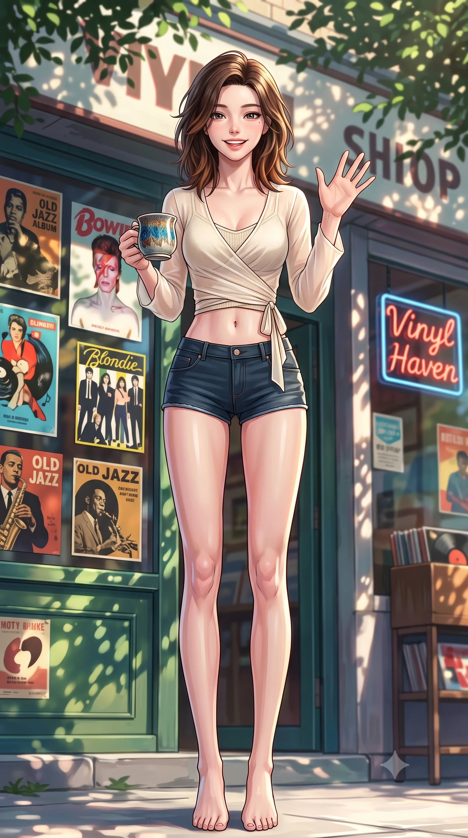 score_9, masterpiece, best quality, ultra-detailed, high-budget anime keyframe, editorial fashion photography, tasteful artistic composition, Korean woman. low angle full-body shot from head to toe showing her feet, filling the entire 9:16 vertical frame with her statuesque presence, stretching her vertical silhouette. stepping forward with a bright, cheerful smile, waving happily at the viewer set against a soft-focus background of in front of a vintage vinyl record shop with retro music posters in the window holding a delicate handmade ceramic mug with a warm grin. She has an absolutely perfect, statuesque 8.5-heads proportion, an exceptionally tall and slender model-like female figure with impossibly long slender legs and an ultra-slim waist. sharp v-shaped jawline, high-bridge nose, intricate jewel-like eyes with depth, thick eyelashes, glossy lips with a natural sheen. wearing body-hugging sheer chiffon wrap top in cream, worn over a slim-fit knit bralette and low-cut shorts. dappled sunlight casting soft leaf shadows on the shop walls and her skin. highly saturated vibrant anime colors, detailed shading with soft gradients, rich glossy textures, high-contrast stereoscopic depth, volumetric dynamic lighting, master piece, 9:16 ratio