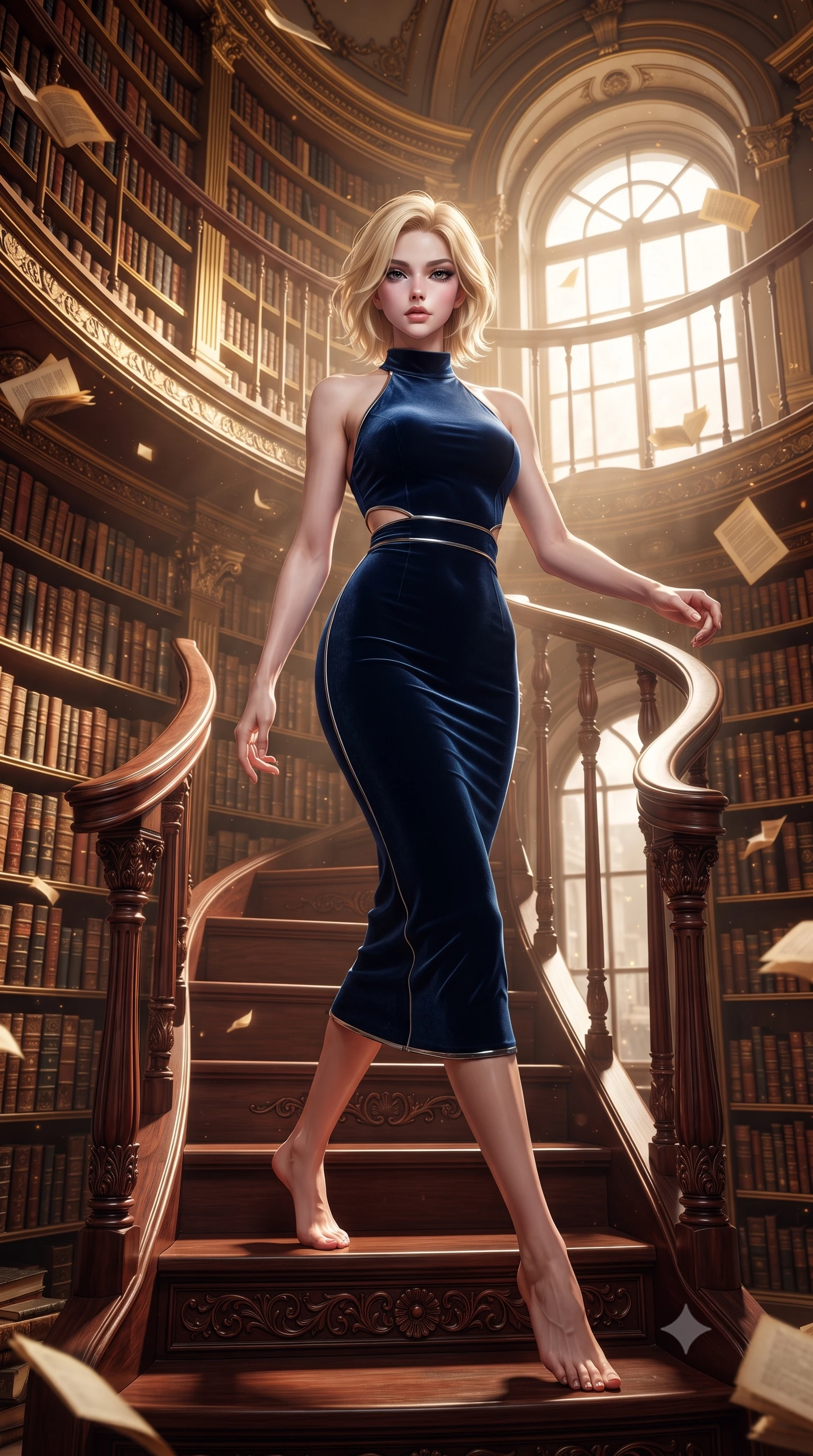 score_9, masterpiece, best quality, ultra-detailed, high-budget anime keyframe, editorial fashion photography, tasteful artistic composition, Caucasian woman. low angle full-body shot from head to toe showing her feet, filling the entire 9:16 vertical frame with her statuesque presence, stretching her vertical silhouette. forging dynamically through the scene, her vertical silhouette beautifully stretched standing on a carved mahogany spiral staircase in a grand multi-story library, thousands of antique leather-bound books stacked along majestic golden shelves. She has an absolutely perfect, statuesque 8.5-heads proportion, an exceptionally tall and slender model-like female figure with impossibly long slender legs and an ultra-slim waist. sharp v-shaped jawline, high-bridge nose, intricate jewel-like eyes with depth, thick eyelashes, glossy lips with a natural sheen. wearing a velvet halter-neck midi dress following her form like a glove in midnight navy blue and chrome trim, formed from sleek second-skin neoprene, featuring subtle geometric cutouts that highlight her ultra-slim midriff, the form-contouring material highlighting her ultra-slim waist and long lines. bathed in warm dusty sunbeams and golden inner glow from floating pages. highly saturated vibrant anime colors, detailed shading with soft gradients, rich glossy textures, high-contrast stereoscopic depth, volumetric dynamic lighting, master piece, 9:16 ratio