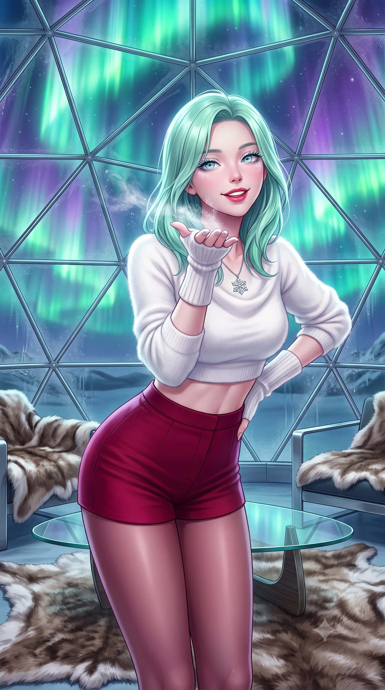 score_9, masterpiece, best quality, ultra-detailed, high-budget anime keyframe, semi-realistic 3D game render, editorial fashion photography, tasteful artistic composition, Japanese woman. close-up cowboy shot from the waist and thighs up, the character dominates the composition, filling the frame with her large presence. playfully blowing a wisp of frost toward the lens, her radiant smile capturing fresh girlhood charm while her arched torso reveals an intoxicating hip contour while standing poised in the center of the illuminated glass dome with hips cocked back, casting an ethereal, magnetic bedroom-gaze toward the viewer. The surrounding environment is rendered in vivid detail and crisp panoramic clarity. sharp geodesic metal strut lines, thermal glass condensation clarity, and plush reindeer hide textures in deep focus. She has an exceptionally elegant, slender, and willowy female figure with an ultra-slim waist, flat toned midriff, narrow ribcage, and sculpted feminine hips creating an alluring, slim hourglass silhouette without bulk. sharp v-shaped jawline, high-bridge nose, sparkling ice-crystal eyes with depth, frosty thick lashes, glossy parted lips with a rosy berry sheen, bright playful smile with an intoxicating seductive glint, rosy flushed cheeks radiating cozy warmth and dangerous allure, flawlessly proportioned anatomical accuracy, strict slender model proportions, natural body alignment, perfectly sculpted long slender limbs, ultra-slim waistline, clean dynamic posture without body distortion. wearing a chic white angora cropped sweater paired with tight high-waisted tailored shorts and sheer tights in rich winter berry crimson and snow white, crafted from ultra-soft pure Mongolian cashmere yarn with an airy cozy drape, featuring elegant fingerless knit wrist warmers and a dainty silver snowflake pendant, the liquid-tight tailored fabric clinging flawlessly to her narrow waist and rounded feminine hips, emphasizing every millimeter of her sculpted slim hourglass curves without any bulky heaviness. bathed in mystical bioluminescent-like emerald and violet aurora light cascading from above. highly saturated vibrant anime colors, detailed shading with soft gradients, rich glossy textures, high-contrast stereoscopic depth, volumetric dynamic lighting, master piece, 9:16 ratio