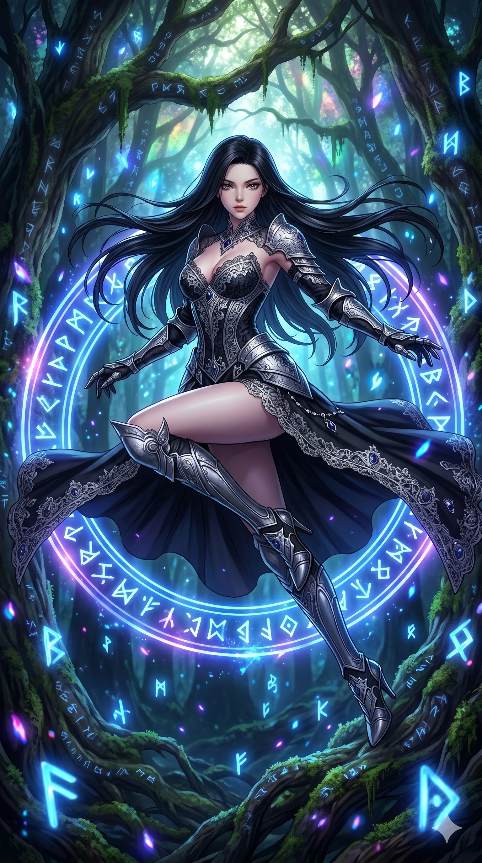 score_9, masterpiece, best quality, ultra-detailed, Set C: High-budget Anime Keyframe, Korean woman. Low angle cowboy shot filling the entire 9:16 frame with her statuesque presence. Leaping through a ring of glowing runes in an ancient forest. She has an absolutely perfect 8-heads proportion, an exceptionally tall and slender female figure with elegant long slender legs and an slender waist. Sharp v-shaped jawline, high-bridge nose, intricate jewel-like eyes with depth, thick eyelashes, glossy lips. Wearing a Dark Fantasy outfit: gothic lace corset gown with silver armor and a v-neckline. Background is a bright and colorful dark forest with glowing blue runes and mystical embers. 2k, ultra detail, master piece, 9:16 ratio