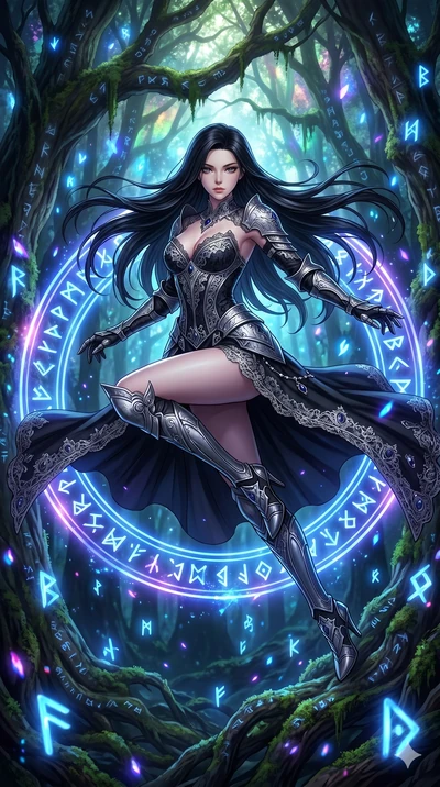 score_9, masterpiece, best quality, ultra-detailed, Set C: High-budget Anime Keyframe, Korean woman. Low angle cowboy shot filling the entire 9:16 frame with her statuesque presence. Leaping through a ring of glowing runes in an ancient forest. She h