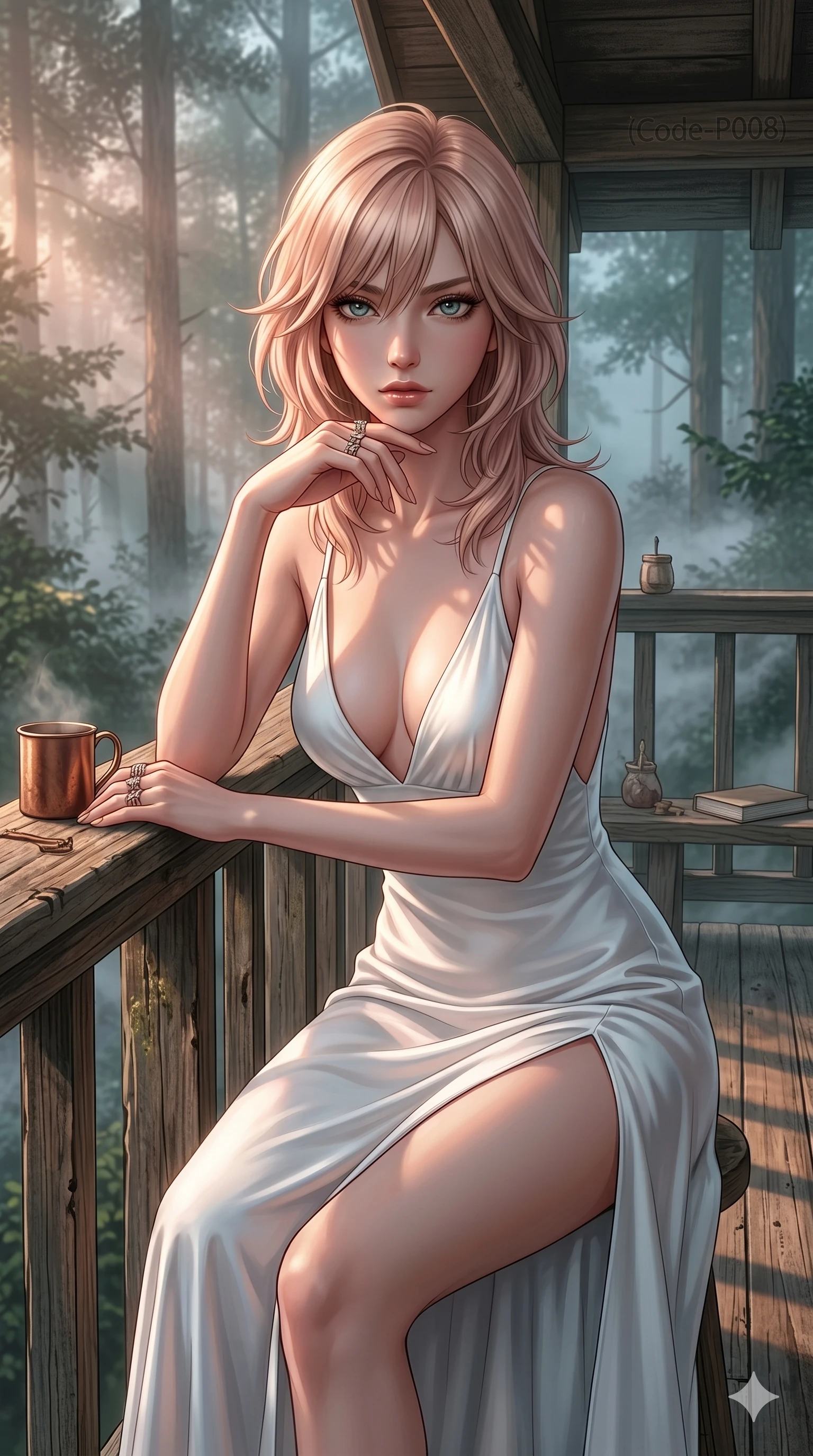score_9, masterpiece, best quality, ultra-detailed, high-budget anime keyframe, editorial fashion photography, tasteful artistic composition, Japanese woman. cowboy shot from the thighs up, character and outfit filling the frame for maximum editorial presence. resting her chin on her fingers, looking directly into the lens with a piercing, mysterious gaze on a secluded wooden sun-terrace of a forest cabin at dawn with morning mist rising (Code-P008). She has an absolutely perfect 8-heads proportion, an exceptionally tall and slender female figure with impossibly long slender legs and an ultra-slim waist. V-shaped jawline, high-bridge nose, intricate jewel-like eyes with depth, thick eyelashes, glossy lips with a natural sheen. wearing a pristine white silk slip dress with a plunging V-neckline and a high side slit to mid-thigh. drenched in brilliant afternoon sunshine, casting warm rays that trace the curves of her athletic figure. 2k, ultra detail, master piece, 9:16 ratio