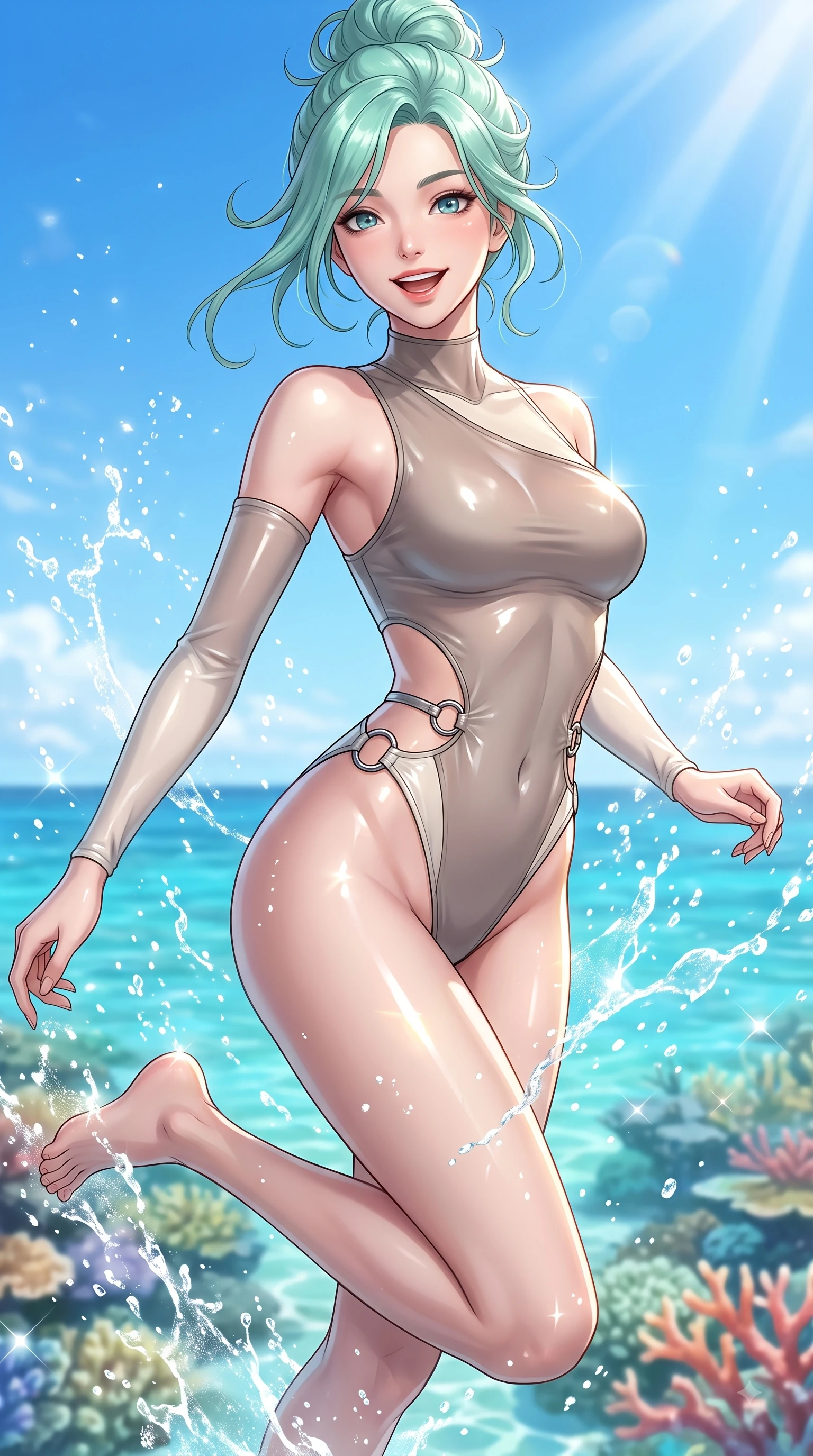 score_9, masterpiece, best quality, ultra-detailed, high-budget anime keyframe, editorial fashion photography, tasteful artistic composition, Japanese woman. close-up cowboy shot from the waist and thighs up, the character dominates the composition, filling the frame with her large presence, background elements kept in soft focus. Cheerful beaming smile with parted lips, exuding pure enchanting charm while turning dynamically toward the camera while leaping with a radiant bright smile into the sparkling sea spray under a clear blue sky, crystal-clear turquoise water revealing vibrant coral reefs shimmering beneath bright sunbeams. She has an exceptionally elegant, slender, and willowy female figure with an ultra-slim waist, a gracefully sculpted slender torso, and a refined silhouette. sharp v-shaped jawline, high-bridge nose, intricate jewel-like eyes with depth, thick eyelashes, glossy lips with a natural sheen, flawlessly proportioned anatomical accuracy, natural body alignment, perfectly sculpted elegant limbs, clean dynamic posture without body distortion. wearing an asymmetrical high-cut tech-bodysuit with detached sleeves in muted taupe and soft ivory, woven from fine semi-opaque sheer organza, accented with delicate chrome ring hardware framing her waist, the sleek second-skin texture accentuating her magnetic presence. bathed in brilliant tropical sunshine and glittering ocean water refractions. ultra-reflective glossy finish, specular highlights, metallic sheen, high-contrast stereoscopic depth, volumetric dynamic lighting, 2k, ultra detail, master piece, 9:16 ratio
