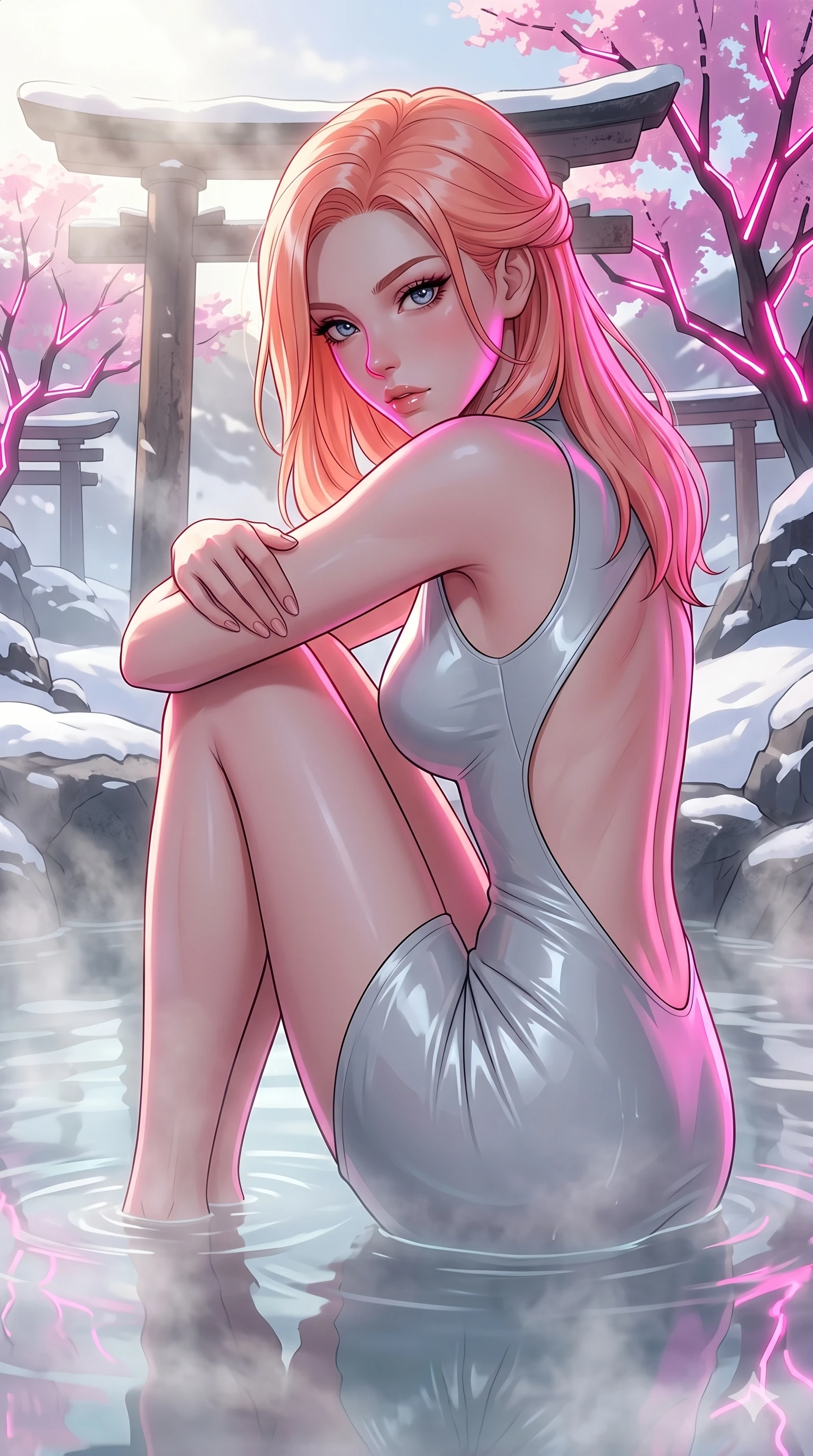 score_9, masterpiece, best quality, ultra-detailed, high-budget anime keyframe, editorial fashion photography, tasteful artistic composition, Japanese woman. Upper body close-up from the thighs up, character filling the screen for maximum presence. She is relaxing in a futuristic geothermal hot spring surrounded by snow and neon cherry trees. She wraps her arms around her knees, looking over her shoulder with bedroom eyes. She has an absolutely perfect 8-heads proportion, an exceptionally tall and slender female figure with impossibly long slender legs and an ultra-slim waist. V-shaped jawline, high-bridge nose, intricate jewel-like eyes with depth, thick eyelashes, glossy lips with a natural sheen. She is wearing a second-skin fashion-latex mini dress with a clean architectural front, featuring an open-back design that wraps around the sides of her waist, showcasing her slender silhouette. The scene is bathed in soft morning sun filtering through dense steam and a sharp pink neon key light. 2k, ultra detail, master piece, 9:16 ratio