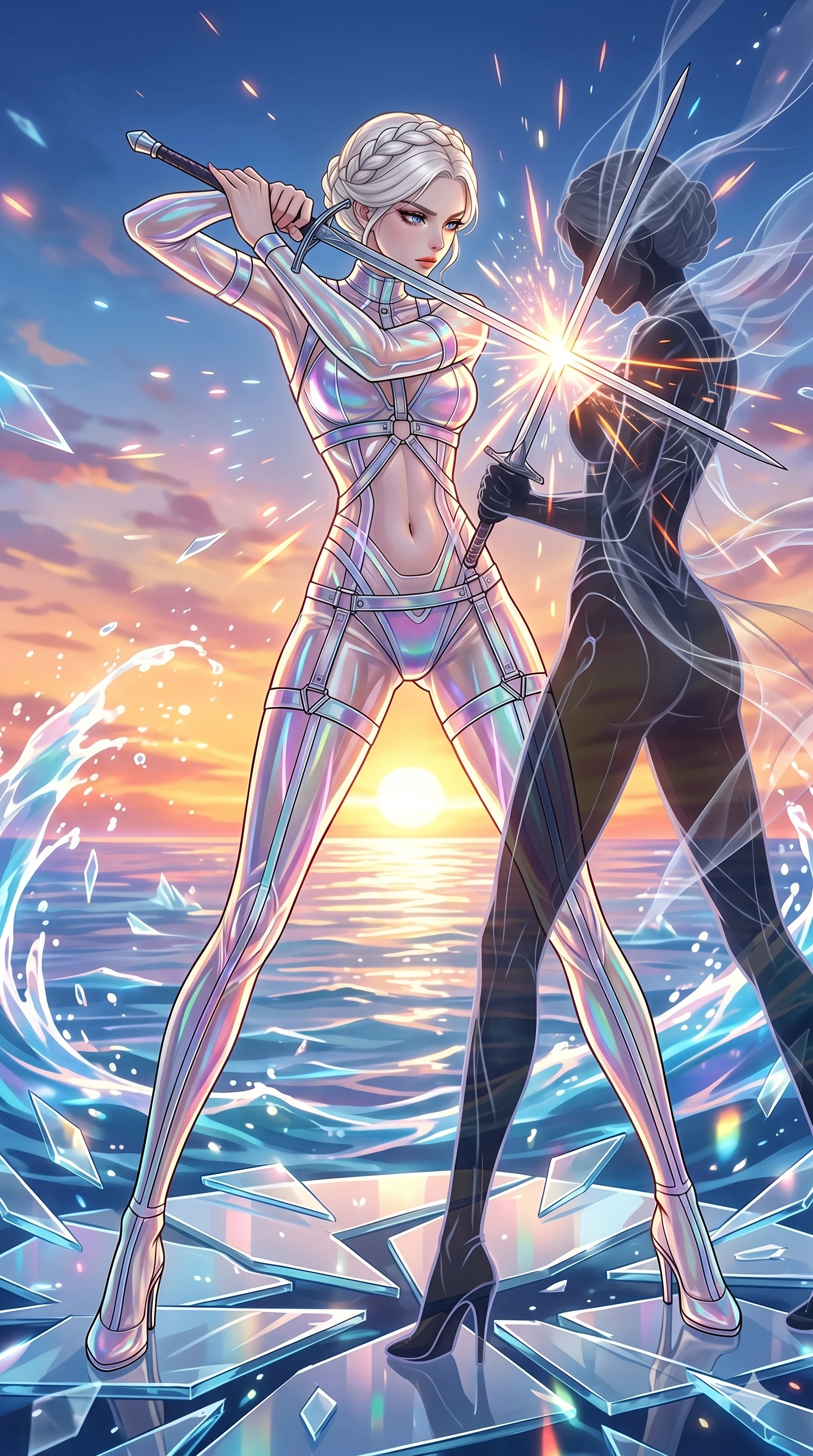 score_9, masterpiece, best quality, ultra-detailed, High-budget Anime Keyframe, vibrant colors, fluid line-art, expressive lighting, cinematic composition, Ufotable-style visual effects, top-tier animation quality, Korean woman with idol-like refined features. Low angle cowboy shot filling the entire 9:16 frame with her statuesque presence, looking up to emphasize her height. Engaging in a fierce duel with a shadowy mirror version of herself on a platform of floating glass shards. She has an absolutely perfect 8-heads proportion, an exceptionally tall and slender female figure with impossibly long slender legs and an ultra-slim waist, her statuesque height and towering silhouette dominating the vertical 9:16 frame. Her face is a masterpiece featuring a sharp v-shaped jawline, high-bridge nose, intricate jewel-like eyes with depth, thick eyelashes, and glossy lips with a natural sheen. She is wearing a Iridescent sheer catsuit with glowing lines that pulse in sync with her heartbeat crafted from Transparent PVC with a high-gloss finish that reveals the intricate layers beneath, with an exposed midriff and a complex harness system that draws the eye. The scene is set in a vibrant sunset over a futuristic crystalline ocean with waves made of liquid light, illuminated by dynamic strobe effects that capture her movement in a series of sharp fragments. 2k, ultra detail, master piece, 9:16 ratio