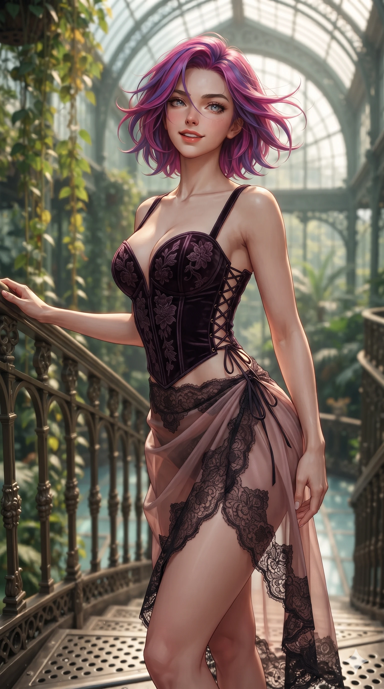 score_9, masterpiece, best quality, ultra-detailed, high-budget anime keyframe, editorial fashion photography, tasteful artistic composition, Caucasian woman. close-up cowboy shot from the waist and thighs up, the character dominates the composition, filling the frame with her large presence. turning slowly with an enchanting smoldering smile, her glossy hair tossing in the breeze as her hips angle gracefully in a captivating contrapposto while standing tall on the perforated iron staircase landing, one hand resting high while arching her lower back to emphasize her sculpted feminine hips and slender waist. The background shows a soft-focus hanging tropical vines, ornate cast-iron balustrades, and soaring glasshouse arches blurred into emerald, jade, and gold bokeh. She has an exceptionally elegant, slender, and willowy female figure with an ultra-slim waist, flat toned midriff, narrow ribcage, and sculpted feminine hips creating an alluring, slim hourglass silhouette without bulk. sharp v-shaped jawline, high-bridge nose, sparkling eyes with hypnotic seductive depth, thick curled eyelashes, glossy parted lips with a natural dewy peach sheen, alluring bedroom-eyes with an enchanting coquettish smile, exuding magnetic siren charisma and sophisticated glamour, flawlessly proportioned anatomical accuracy, strict slender model proportions, natural body alignment, perfectly sculpted long slender limbs, ultra-slim waistline, clean dynamic posture without body distortion. wearing a plunging sweetheart-neckline boned corset top with pressed flower embroidery paired with a sheer organza wrap skirt in dusky blush rose and antique black chantilly lace, tailored from ultra-plush velvet with rich tactile depth and deep shadow gradients, featuring fine criss-cross lace-up side ties revealing tantalizing glimpses of her hip curve, the liquid-tight tailored fabric clinging flawlessly to her narrow waist and rounded feminine hips, emphasizing every millimeter of her sculpted slim hourglass curves without any bulky heaviness. illuminated by glasshouse floor reflection bounce and sharp warm-gold rim lights sculpting her jawline, ultra-slim waist, and curvy hips. ultra-reflective glossy finish, specular highlights, rich textural contrasts, high-contrast stereoscopic depth, volumetric dynamic lighting, 2k, ultra detail, master piece, 9:16 ratio