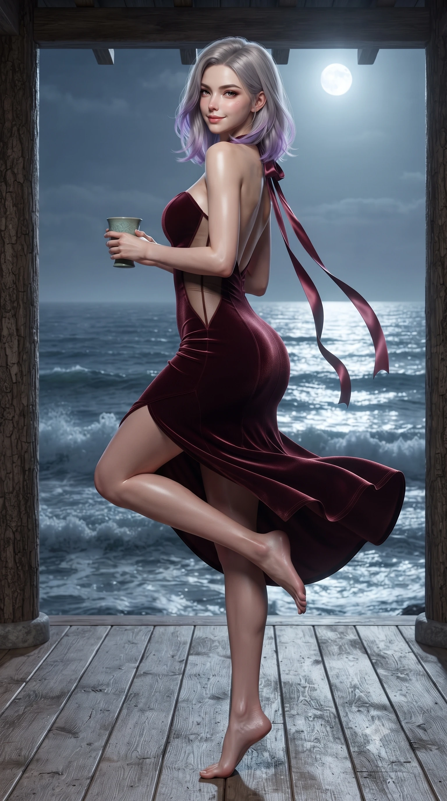 score_9, masterpiece, best quality, ultra-detailed, high-budget anime keyframe, editorial fashion photography, tasteful artistic composition, Caucasian woman. low angle full-body shot from head to toe showing her feet, filling the entire 9:16 vertical frame with her statuesque presence, stretching her vertical silhouette. executing a slow, graceful pivot turn as her skirt sways around her slender legs, glancing back with an enchanting, teasing sensual expression while lounging on the wooden pavilion floor with one leg drawn up, holding a celadon wine cup with an intoxicating, teasing smile. The surrounding environment is rendered in vivid detail and crisp panoramic clarity: sharp pine bark textures, wooden pillar grain, and crashing wave crest clarity in deep focus. She has an absolutely perfect, statuesque 8.5-heads proportion, an exceptionally tall and slender model-like female figure with impossibly long slender legs, an ultra-slim waist, a flat toned midriff, narrow delicate ribcage, and beautifully sculpted feminine hips creating a graceful, slim hourglass silhouette without any bulky heaviness. sharp v-shaped jawline, high-bridge nose, sparkling eyes with hypnotic seductive depth, thick curled eyelashes, glossy parted lips with a natural dewy peach sheen, alluring bedroom-eyes with an enchanting coquettish smile, exuding magnetic siren charisma and sophisticated glamour, flawlessly proportioned anatomical accuracy, strict slender model proportions, natural body alignment, perfectly sculpted long slender limbs, ultra-slim waistline, clean dynamic posture without body distortion. wearing a deep sweetheart-neckline velvet bodycon dress with sheer side-torso cutouts accentuating her hourglass curves in smoky bordeaux wine and gilded bronze, tailored from fine ribbed modal knit with gentle elastic contouring and soft hand-feel, finished with long silk ribbon ties fluttering down her bare spine from a backless halter, the liquid-tight tailored fabric clinging flawlessly to her narrow waist and rounded feminine hips, emphasizing every millimeter of her sculpted slim hourglass curves without any bulky heaviness. bathed in brilliant horizontal moonlight sweeping across the ocean surface. ultra-reflective glossy finish, specular highlights, rich textural contrasts, high-contrast stereoscopic depth, volumetric dynamic lighting, 2k, ultra detail, master piece, 9:16 ratio
