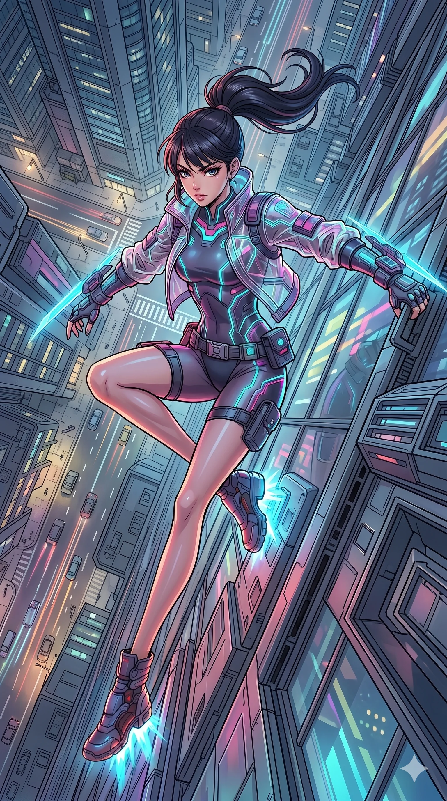 score_9, masterpiece, best quality, ultra-detailed, high-budget anime movie keyframe, cinematic anime lighting, intricate line art, Japanese woman. Extreme high angle shot as she leaps towards the camera, filling the frame. dashing up the side of a skyscraper using gravity-defying tech-boots. She has an absolutely perfect 8-heads proportion, an exceptionally tall and slender female figure with graceful and slender proportions. strictly human anatomy, two legs only, no extra limbs, clearly defined legs and arms, perfect anatomy, perfect hands and fingers. sharp v-shaped jawline, high-bridge nose, intricate jewel-like eyes, thick eyelashes, glossy lips. Wearing Tech-Fantasy: Cybernetic tech-suit with glowing seams, translucent jacket over a bodysuit, and modular tactical gear. The scene is illuminated by dramatic atmospheric lighting and vibrant color palettes. , 2k, ultra detail, master piece, 9:16 ratio