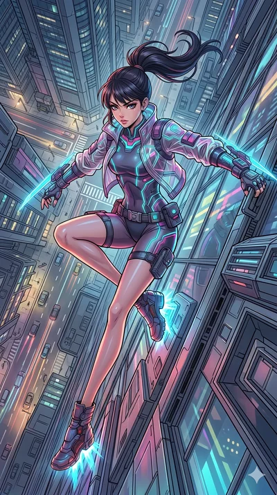 score_9, masterpiece, best quality, ultra-detailed, high-budget anime movie keyframe, cinematic anime lighting, intricate line art, Japanese woman. Extreme high angle shot as she leaps towards the camera, filling the frame. dashing up the side of a s