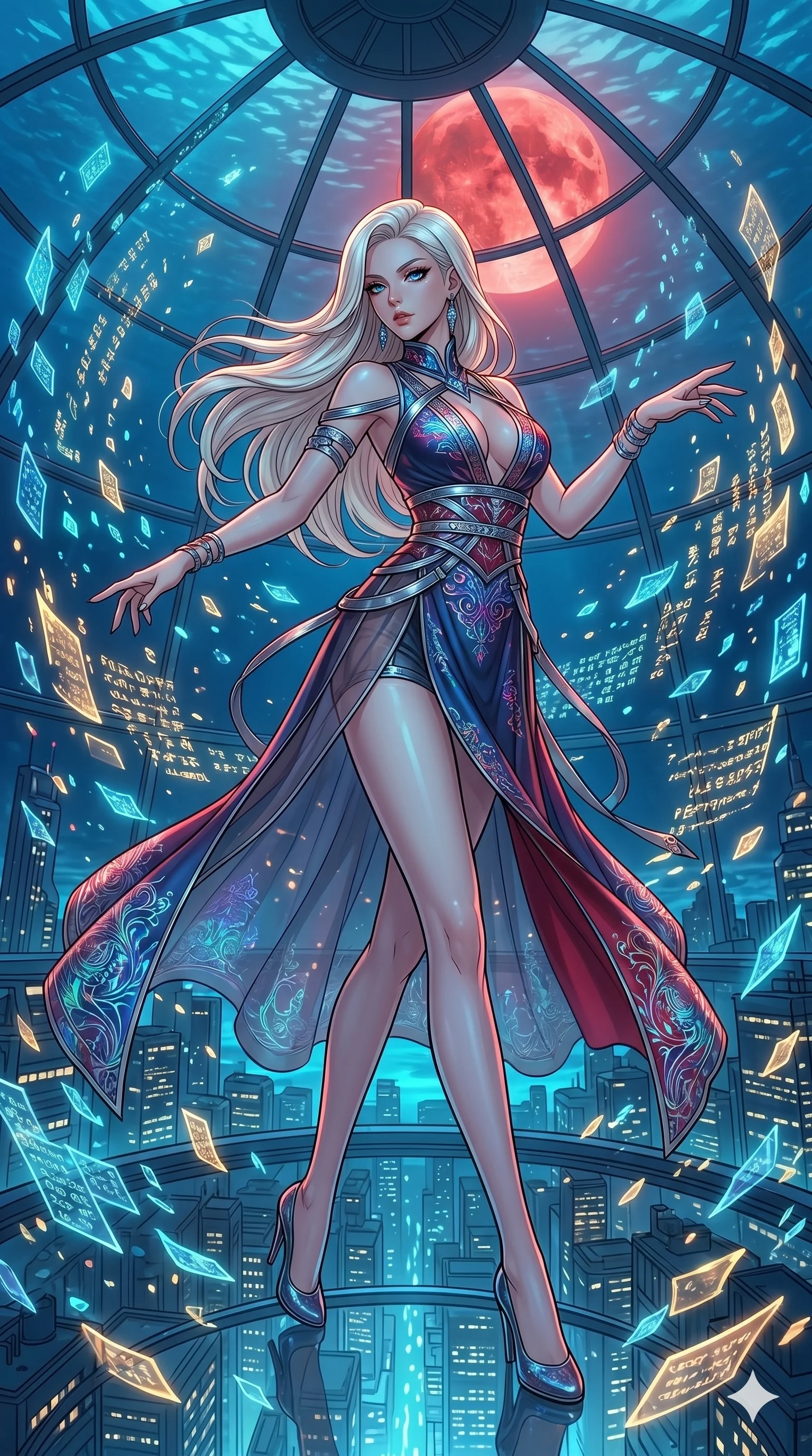 score_9, masterpiece, best quality, ultra-detailed, high-budget anime movie keyframe, cinematic anime lighting, intricate line art, Korean anime girl. Low angle cowboy shot filling the entire 9:16 frame with her statuesque presence. dancing with data-shards in a underwater city dome under a blood moon. She has an absolutely perfect 8-heads proportion, an exceptionally tall and slender female figure with an ultra-slim waist and impossibly long slender legs. sharp v-shaped jawline, high-bridge nose, intricate jewel-like eyes, thick eyelashes, glossy lips. Wearing modernized deep-plunging silk hanbok-fusion with metallic straps, a high-slit sheer skirt over micro-shorts, and holographic embroidered patterns. The scene is illuminated by dramatic atmospheric lighting and vibrant color palettes. 2k, ultra detail, master piece, 9:16 ratio