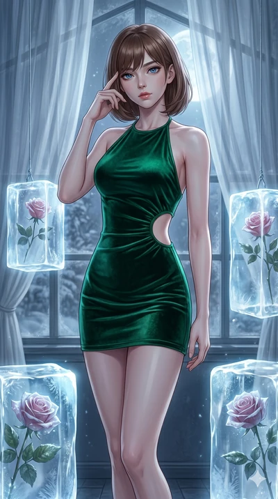 score_9, masterpiece, best quality, ultra-detailed, high-budget anime keyframe, editorial fashion photography, tasteful artistic composition, Caucasian woman, strictly human ears. cowboy shot from the thighs up, character and outfit filling the frame