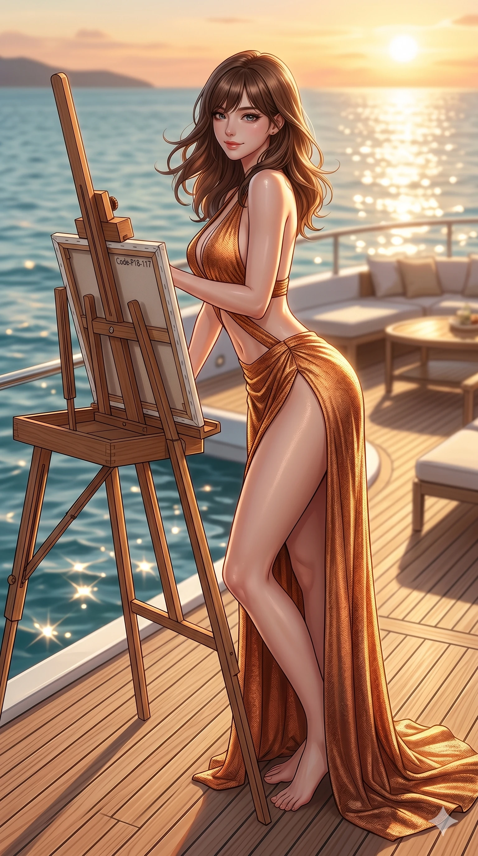 score_9, masterpiece, best quality, ultra-detailed, high-budget anime keyframe, editorial fashion photography, tasteful artistic composition, Korean woman. cowboy shot from the thighs up, character and outfit filling the frame for maximum editorial presence. leaning against an easel, looking over her shoulder with a magnetic, teasing half-smile on a private yacht deck at sunset with a warm tropical sea breeze (Code-P18-117). She has an absolutely perfect 8-heads proportion, an exceptionally tall and slender female figure with impossibly long slender legs and an ultra-slim waist. V-shaped jawline, high-bridge nose, intricate jewel-like eyes with depth, thick eyelashes, glossy lips with a natural sheen. wearing a high-slit gown with exposed midriff and plunging neckline. warm afternoon sunbeams reflecting off the water ripples, tracing her athletic build. 2k, ultra detail, master piece, 9:16 ratio